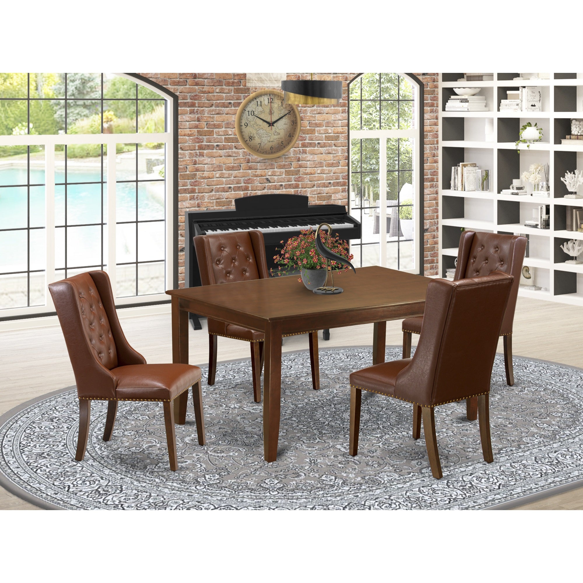East West Furniture Dufo5-Mah-46 5-Piece Dinette Set Includes 1 Kitchen Dining Table And 4 Brown Linen Fabric Dining Chair With Button Tufted Back - Mahogany Finish