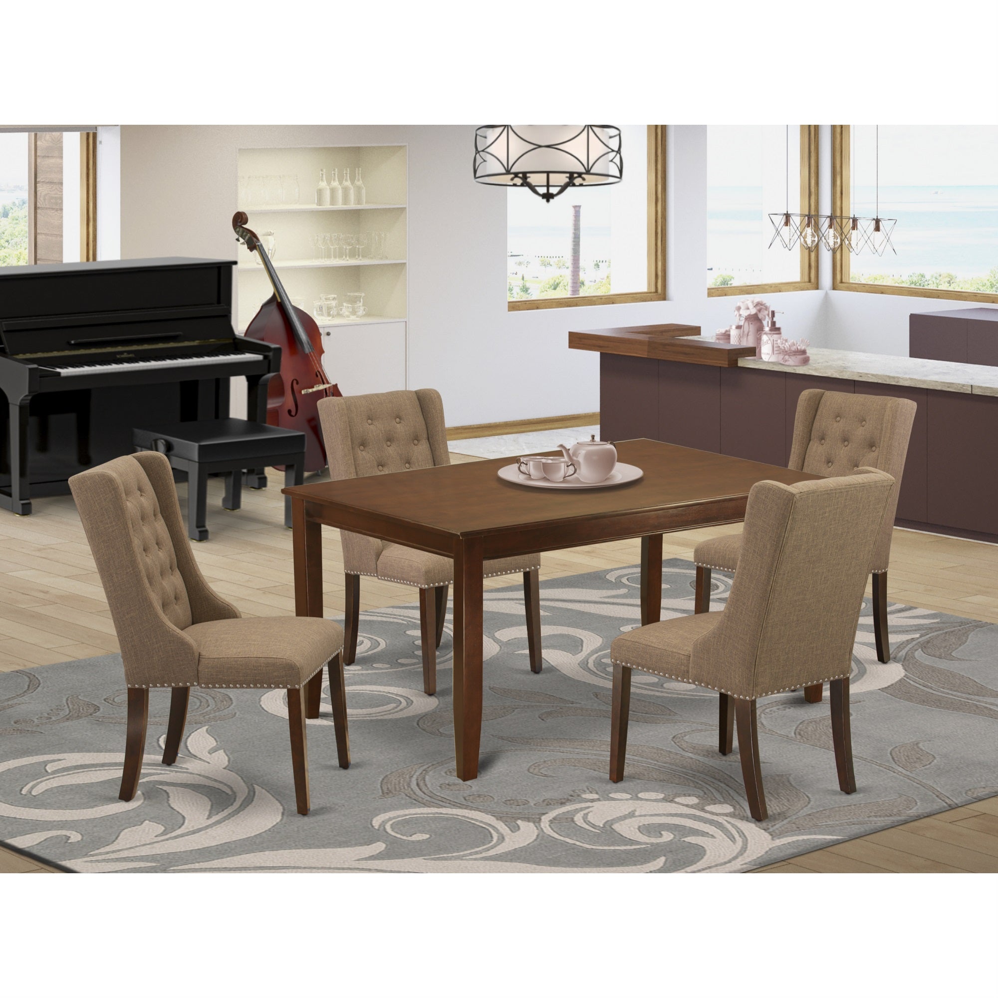 East West Furniture Dufo5-Mah-47 5-Pc Modern Dining Set Includes 1 Wooden Dining Table And 4 Light Sable Linen Fabric Parson Chairs With Button Tufted Back - Mahogany Finish