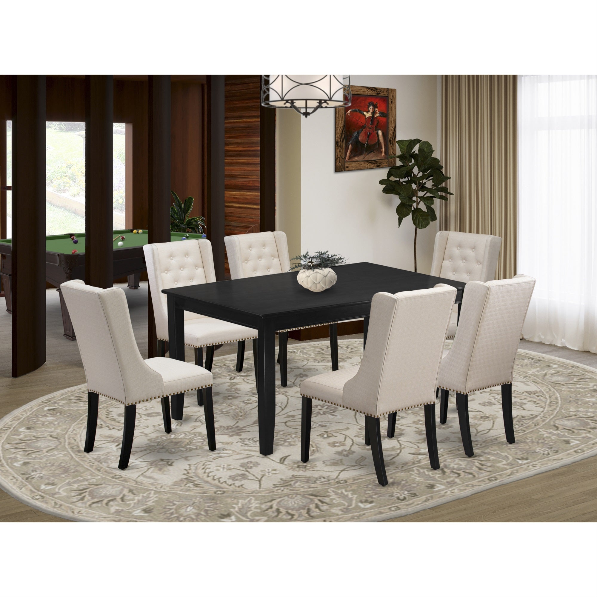 East West Furniture Dufo7-Blk-01 7-Piece Dining Table Set Includes 1 Rectangular Dining Table And 6 Cream Linen Fabric Mid Century Dining Chairs With Button Tufted Back - Black Finish
