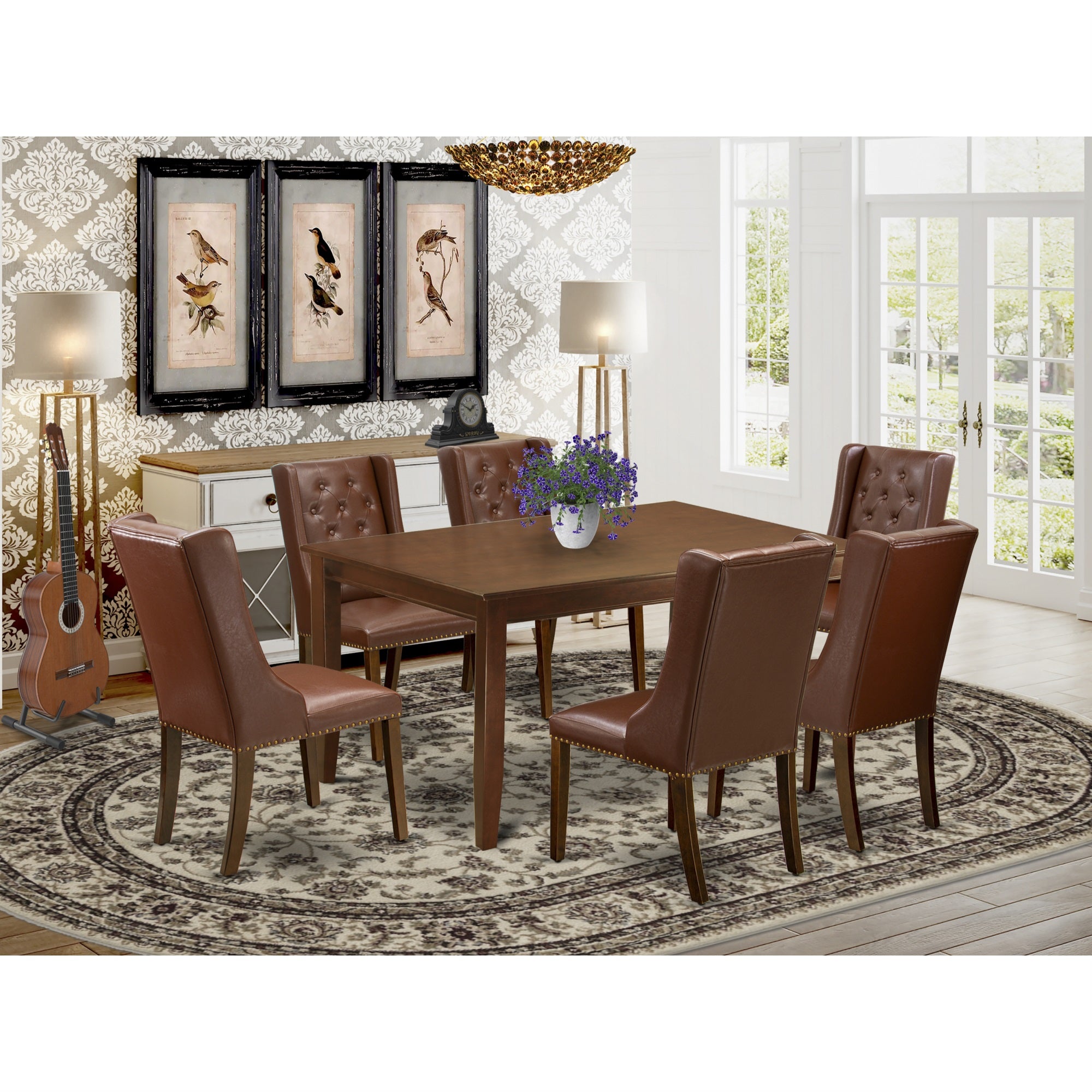 East West Furniture Dufo7-Mah-46 7-Piece Kitchen Dining Set Includes 1 Modern Dining Room Table And 6 Brown Linen Fabric Parson Dining Chairs With Button Tufted Back - Mahogany Finish