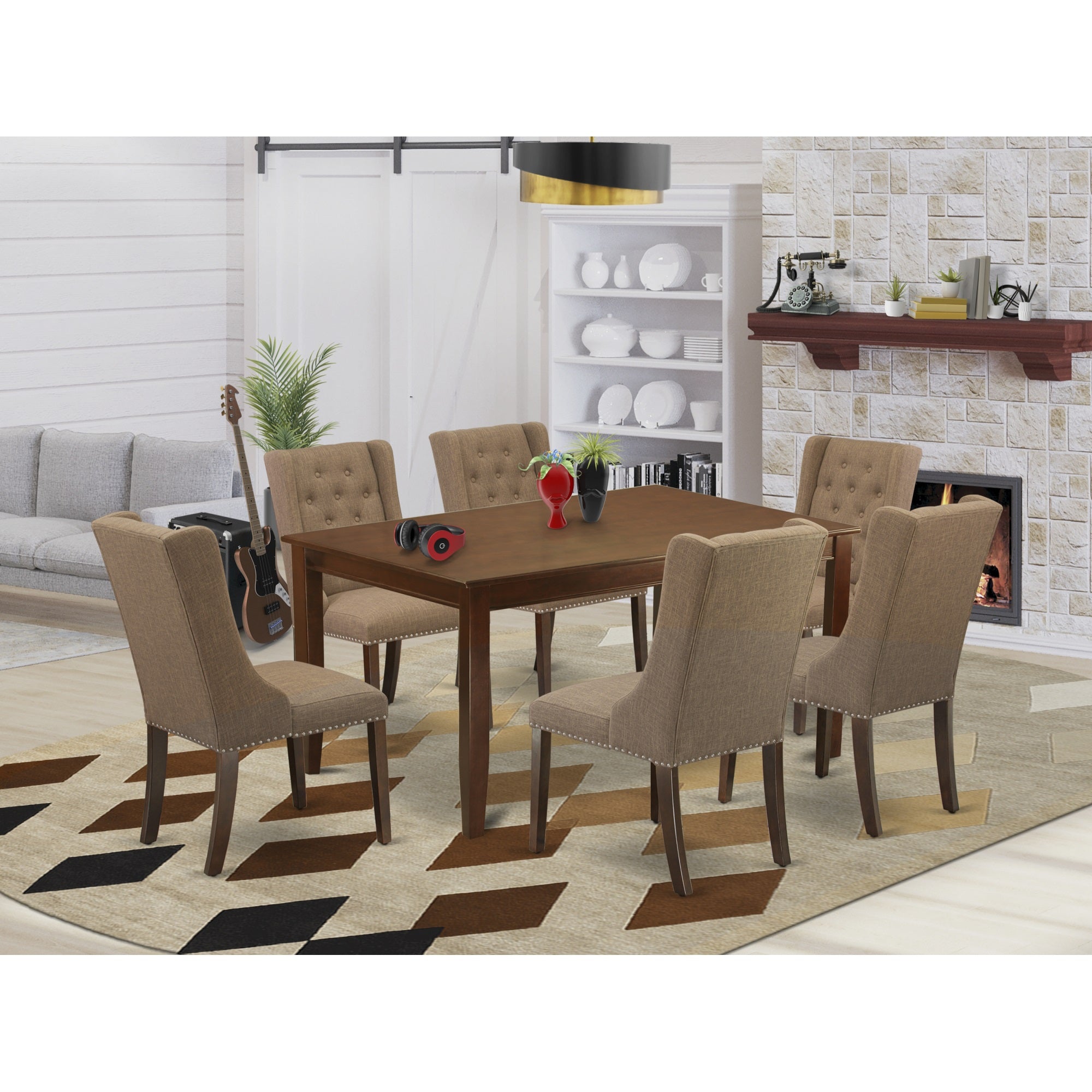 East West Furniture Dufo7-Mah-47 7-Piece Dining Room Table Set Includes 1 Rectangular Dining Table And 6 Light Sable Linen Fabric Dining Chairs With Button Tufted Back - Mahogany Finish