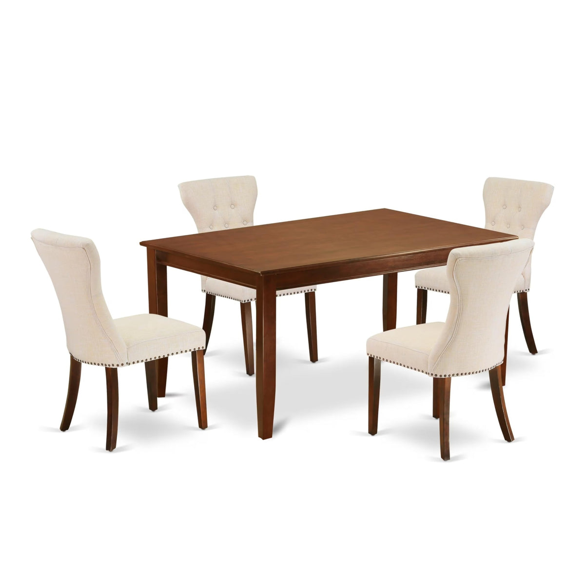Casafoyer Duga5-Mah-32 Dudley 5 Piece Set For 4 Includes A Rectangle Kitchen Table And 4 Light Beige Linen Fabric Parson Dining Room Chairs, 36X60 Inch, Mahogany