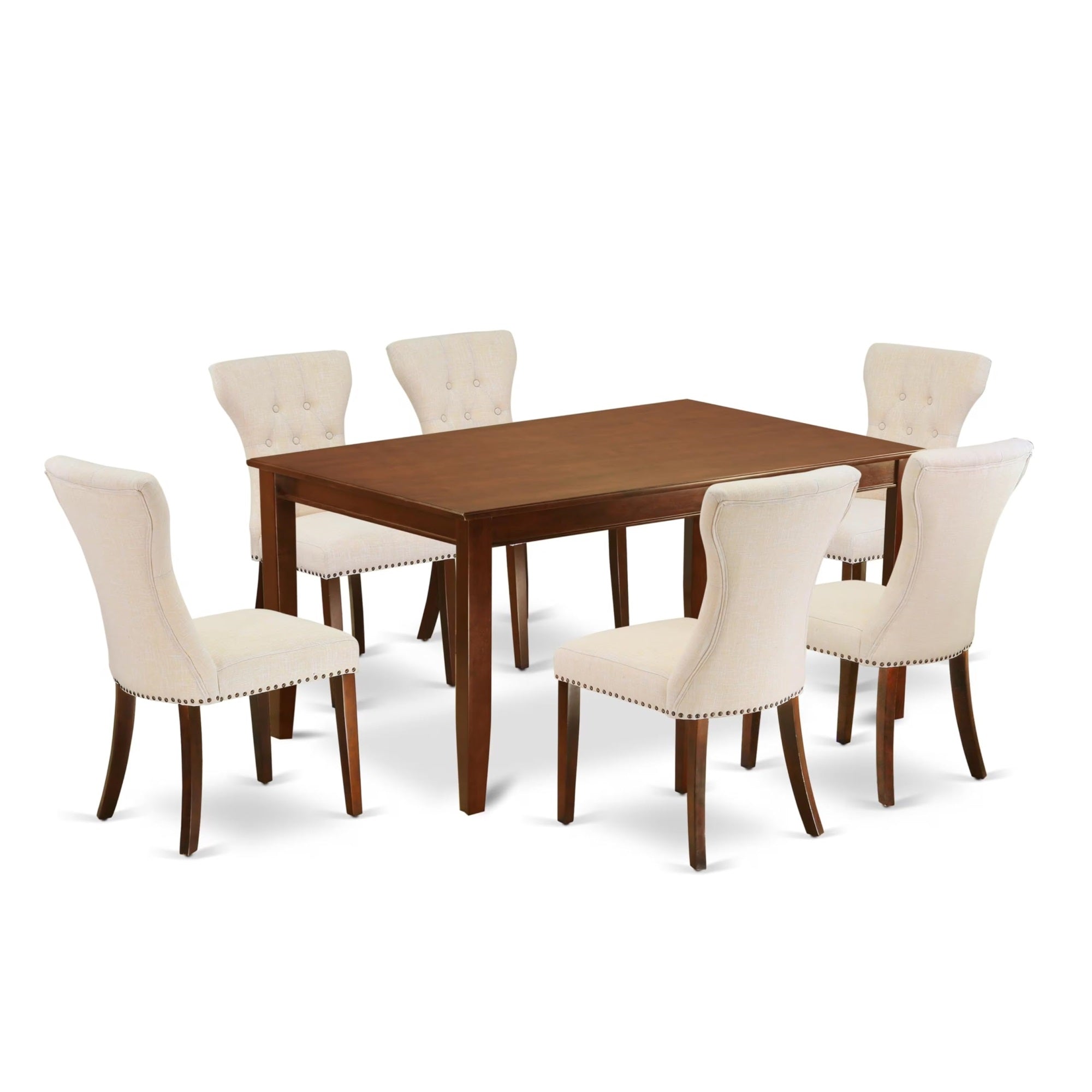 Casafoyer Duga7-Mah-32 Dudley 7 Piece Room Set Consist Of A Rectangle Kitchen Table And 6 Light Beige Linen Fabric Parson Dining Chairs, 36X60 Inch, Mahogany