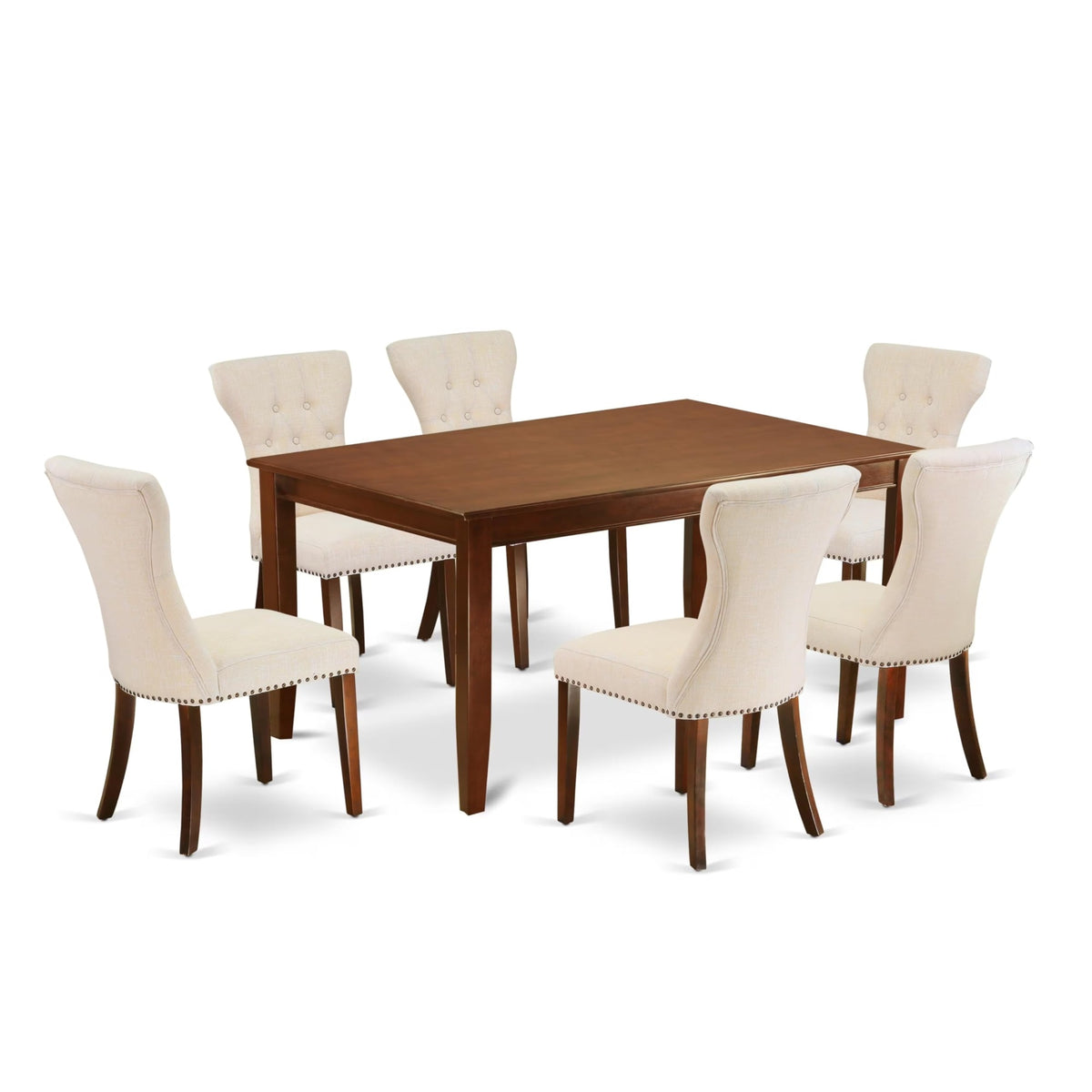 Casafoyer Duga7-Mah-32 Dudley 7 Piece Room Set Consist Of A Rectangle Kitchen Table And 6 Light Beige Linen Fabric Parson Dining Chairs, 36X60 Inch, Mahogany
