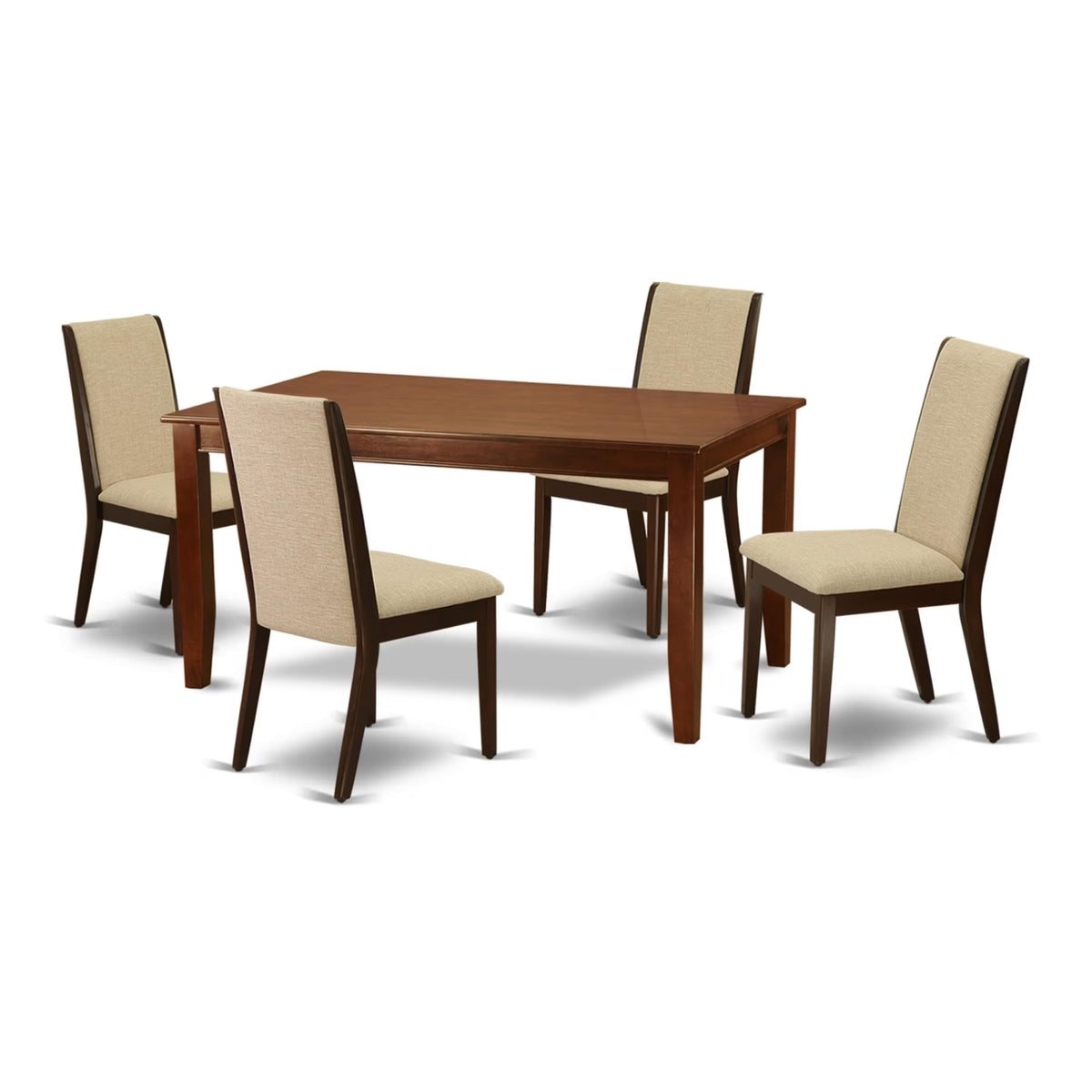 Casafoyer Dula5-Mah-04 Dudley 5 Piece Room Furniture Set Includes A Rectangle Dining Table And 4 Light Tan Linen Fabric Upholstered Parson Chairs, 36X60 Inch, Mahogany