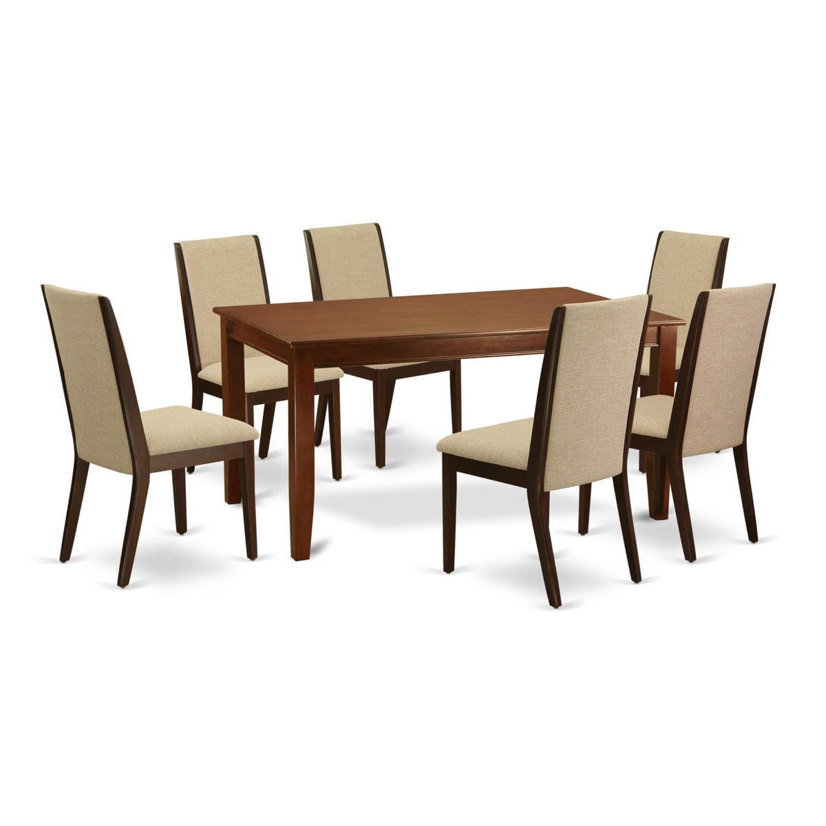 Casafoyer Dula7-Mah-04 7 Piece Dining Room Table Set Consist Of A Rectangle Kitchen Table And 6 Light Tan Linen Fabric Parson Dining Chairs, 36X60 Inch, Mahogany