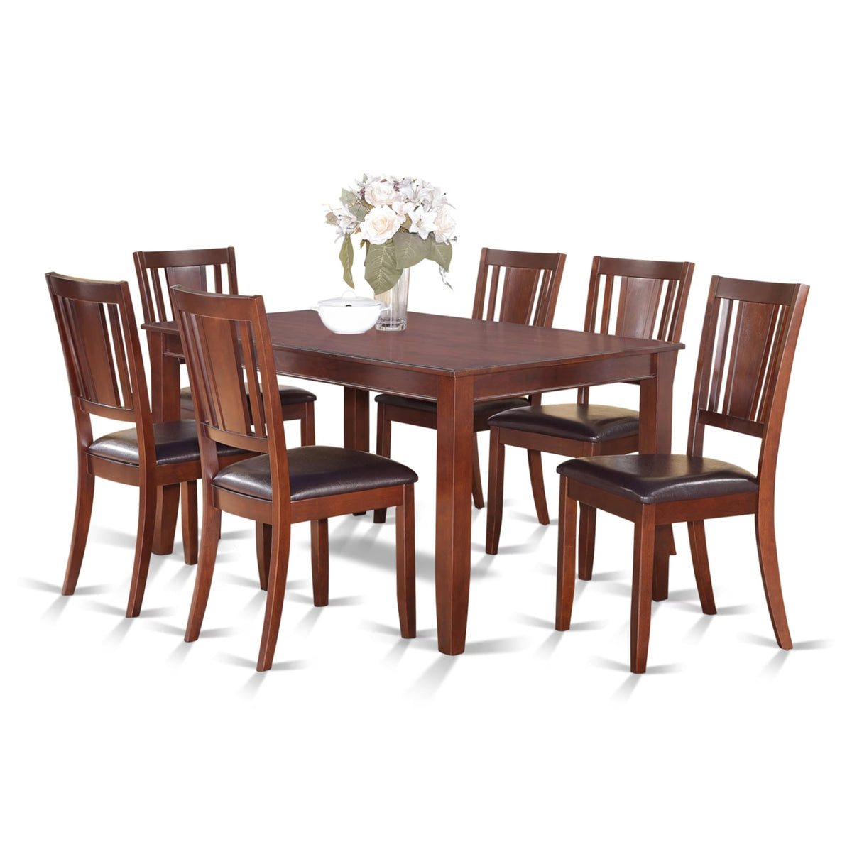 Casafoyer Dule7-Mah-Lc 7 Piece Kitchen Table & Chairs Set Consist Of A Rectangle Dining Room Table And 6 Faux Leather Upholstered Dining Chairs, 36X60 Inch, Mahogany