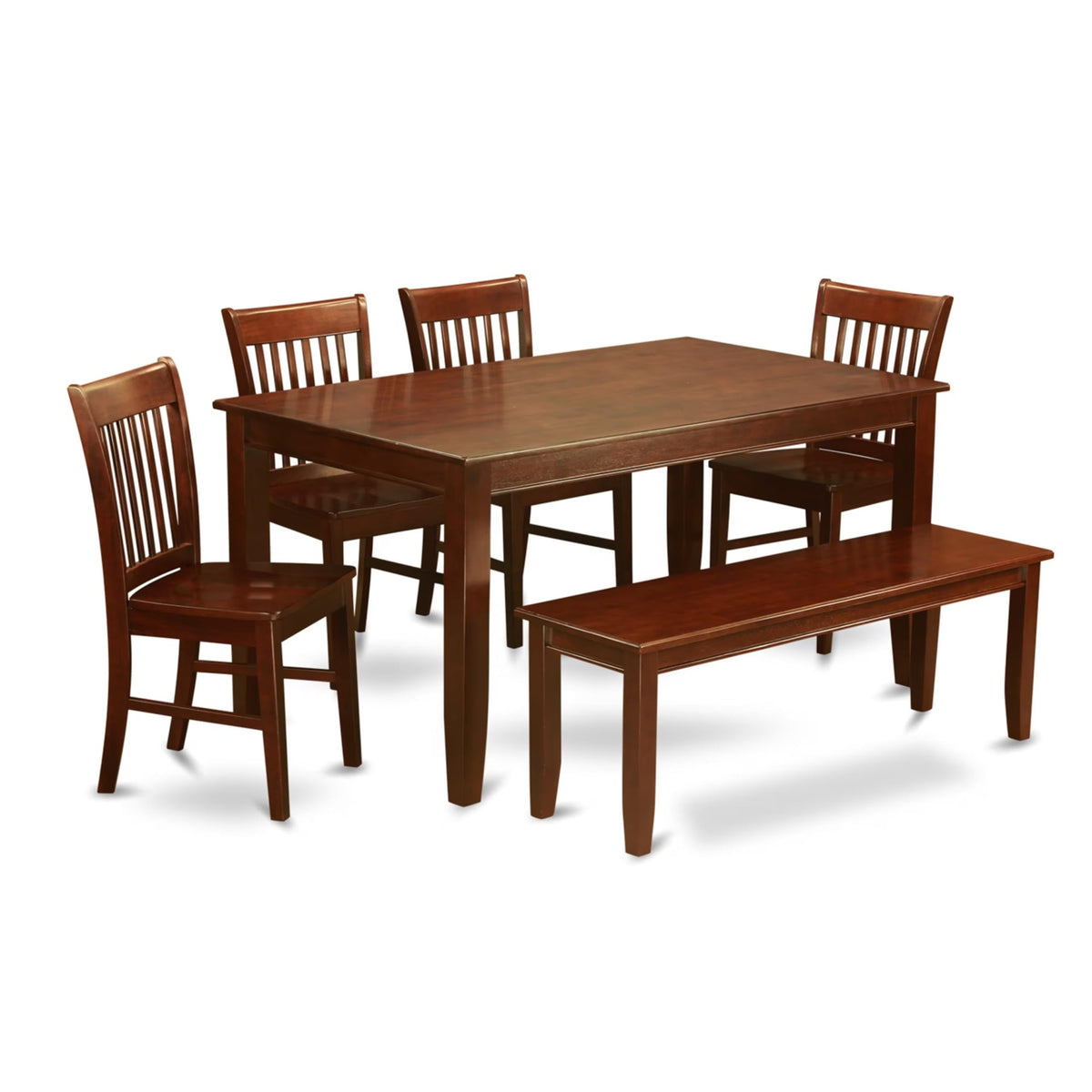Casafoyer Duno6D-Mah-W 6-Pc Modern Dining Table Set - A Rectangular Dining Table And A Great Bench - 4 Wood Dining Chairs With Solid Wood Seat & Slatted Back - Mahogany Finish