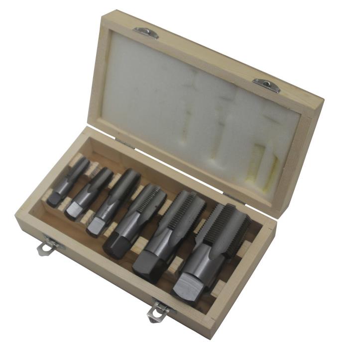 6 Piece High Speed Steel Npt Pipe Tap Set, 1/8, 1/4, 3/8, 1/2, 3/4 And 1 In Wooden Case, Dwths1/8-1Set