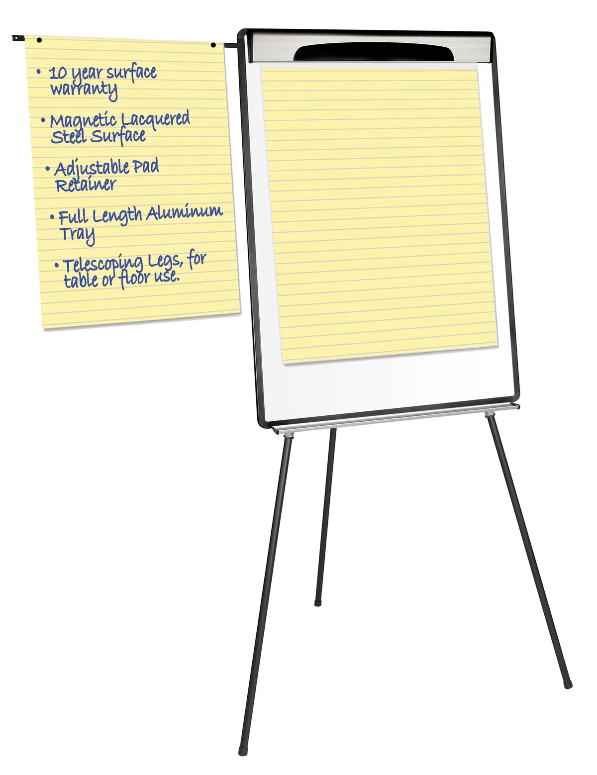 Magnetic Steel Dry-Erase Tripod Presentation Easel With Extension Arms, Black And Silver Aluminum Frame, 29.5 X 42