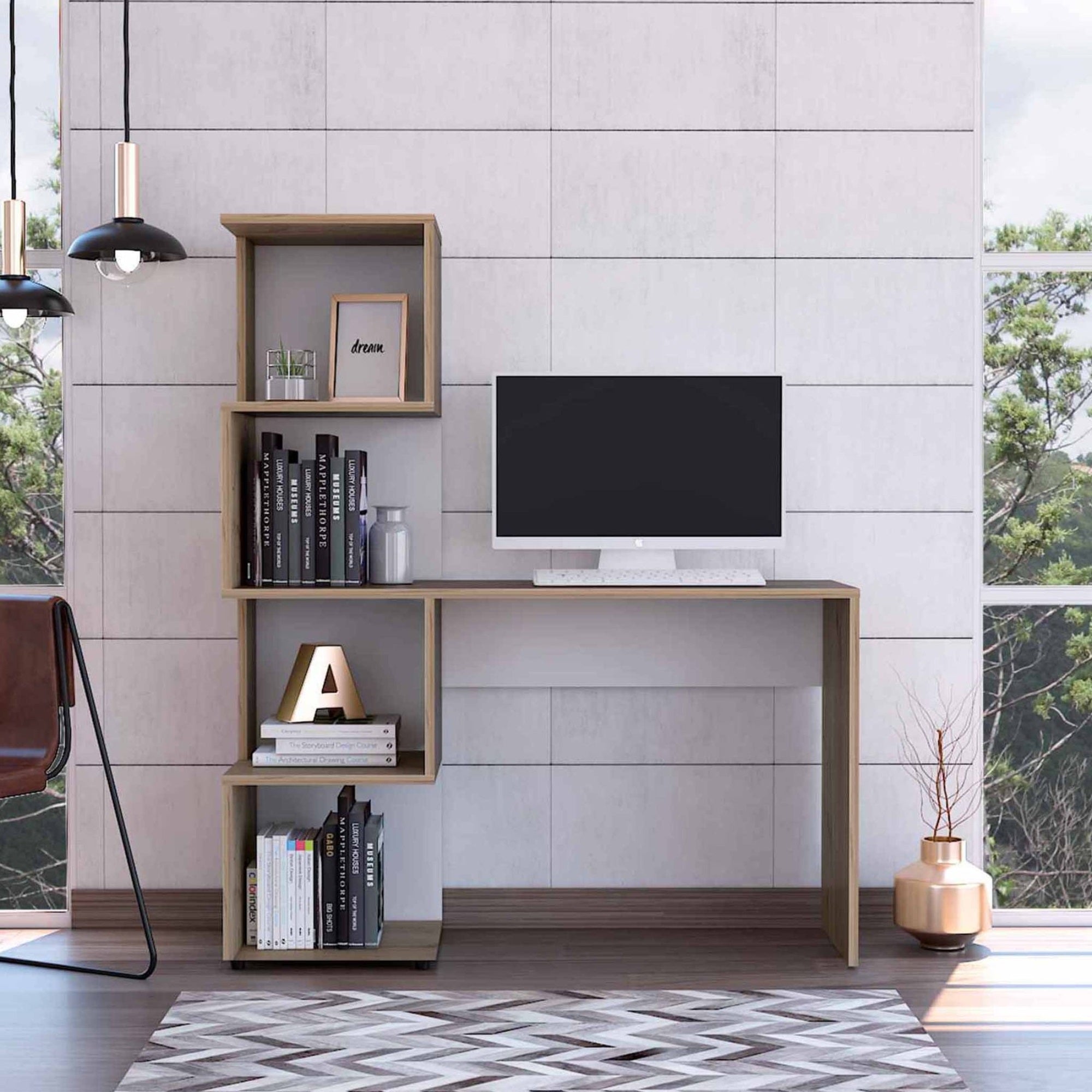 Tuhome Vik Desk,Four Shelves, Countertop Desk, Light Oak-White, For Office