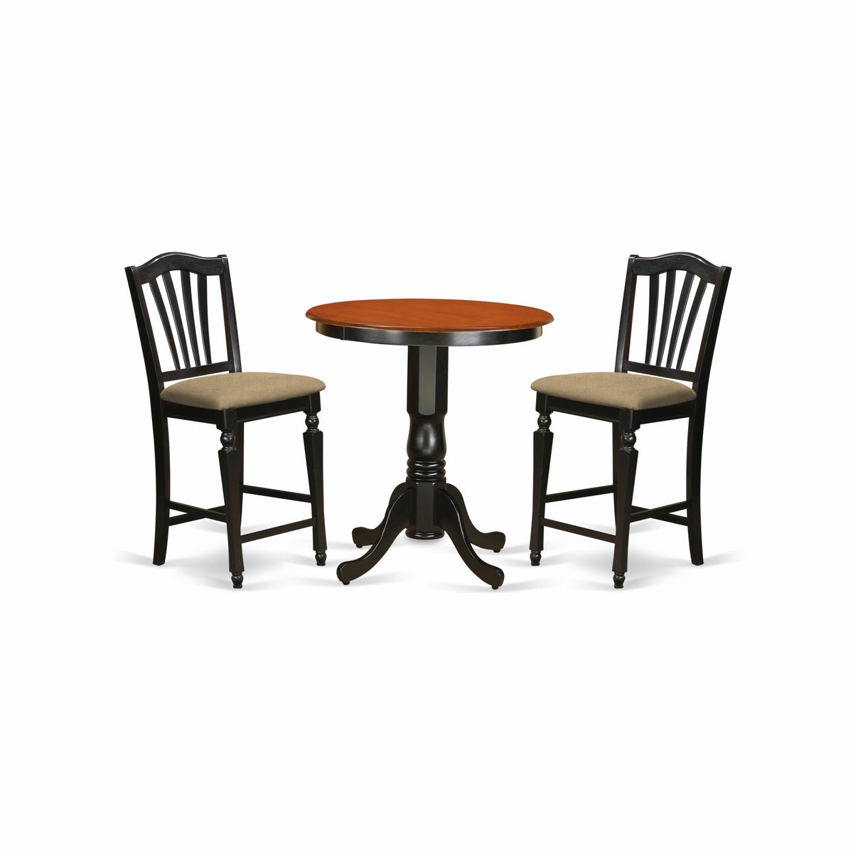 Casafoyer Edch3-Blk-C 3 Piece Counter Height Dining Table Set Contains A Round Kitchen Table With Pedestal And 2 Linen Fabric Upholstered Dining Chairs, 30X30 Inch, Black & Cherry
