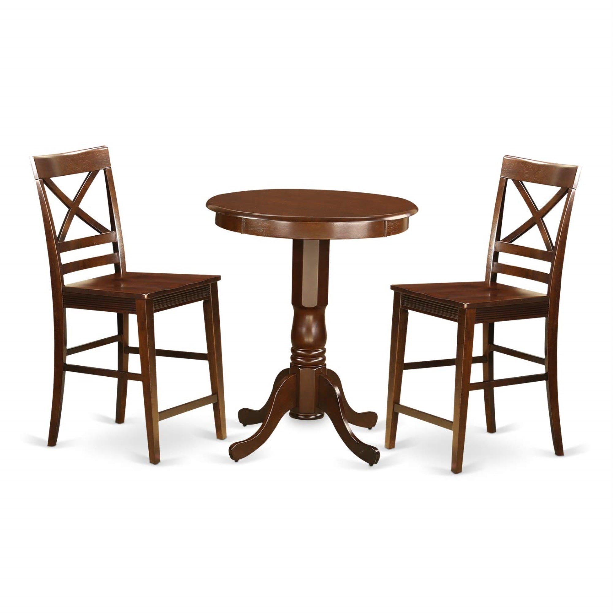 Casafoyer Edqu3-Mah-W 3 Piece Counter Height Dining Set For Small Spaces Contains A Round Dining Room Table With Pedestal And 2 Wooden Seat Chairs, 30X30 Inch, Mahogany