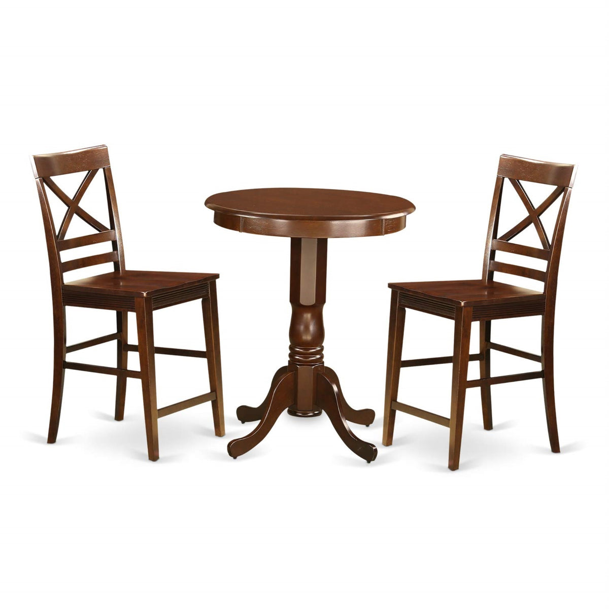 Casafoyer Edqu3-Mah-W 3 Piece Counter Height Dining Set For Small Spaces Contains A Round Dining Room Table With Pedestal And 2 Wooden Seat Chairs, 30X30 Inch, Mahogany