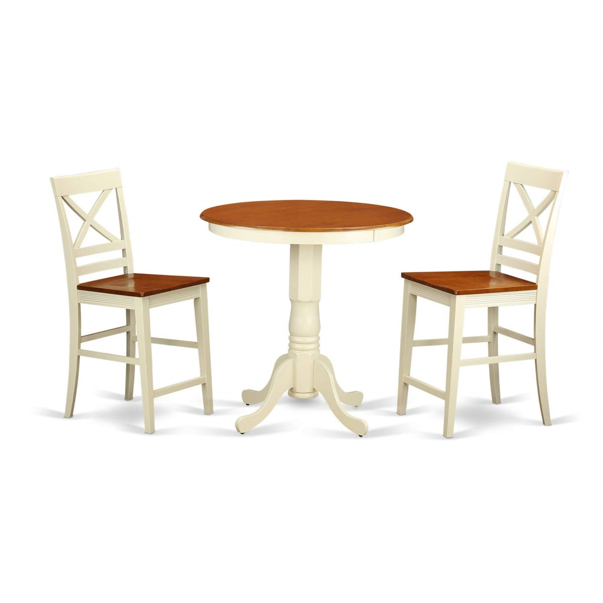 Casafoyer Edqu3-Whi-W 3 Piece Counter Height Dining Table Set Contains A Round Kitchen Table With Pedestal And 2 Dining Chairs, 30X30 Inch, Buttermilk & Cherry