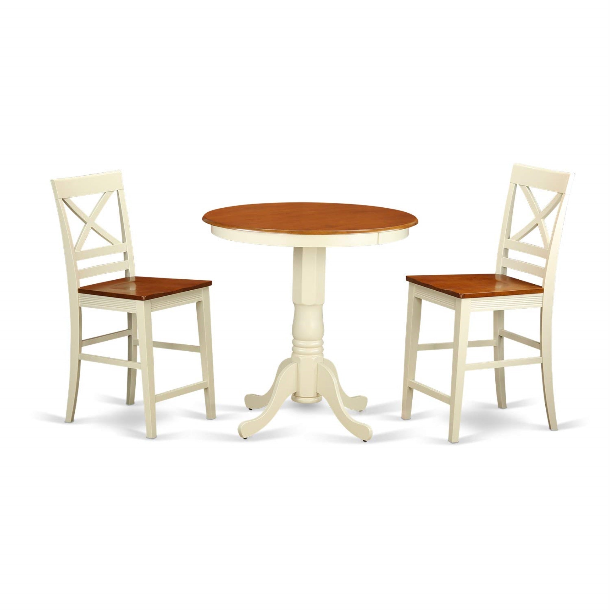 East West Furniture Edqu3-Whi-W Eden 3 Piece Counter Height Set Contains A Round Kitchen Table With Pedestal And 2 Dining Chairs, 30X30 Inch, Buttermilk & Cherry