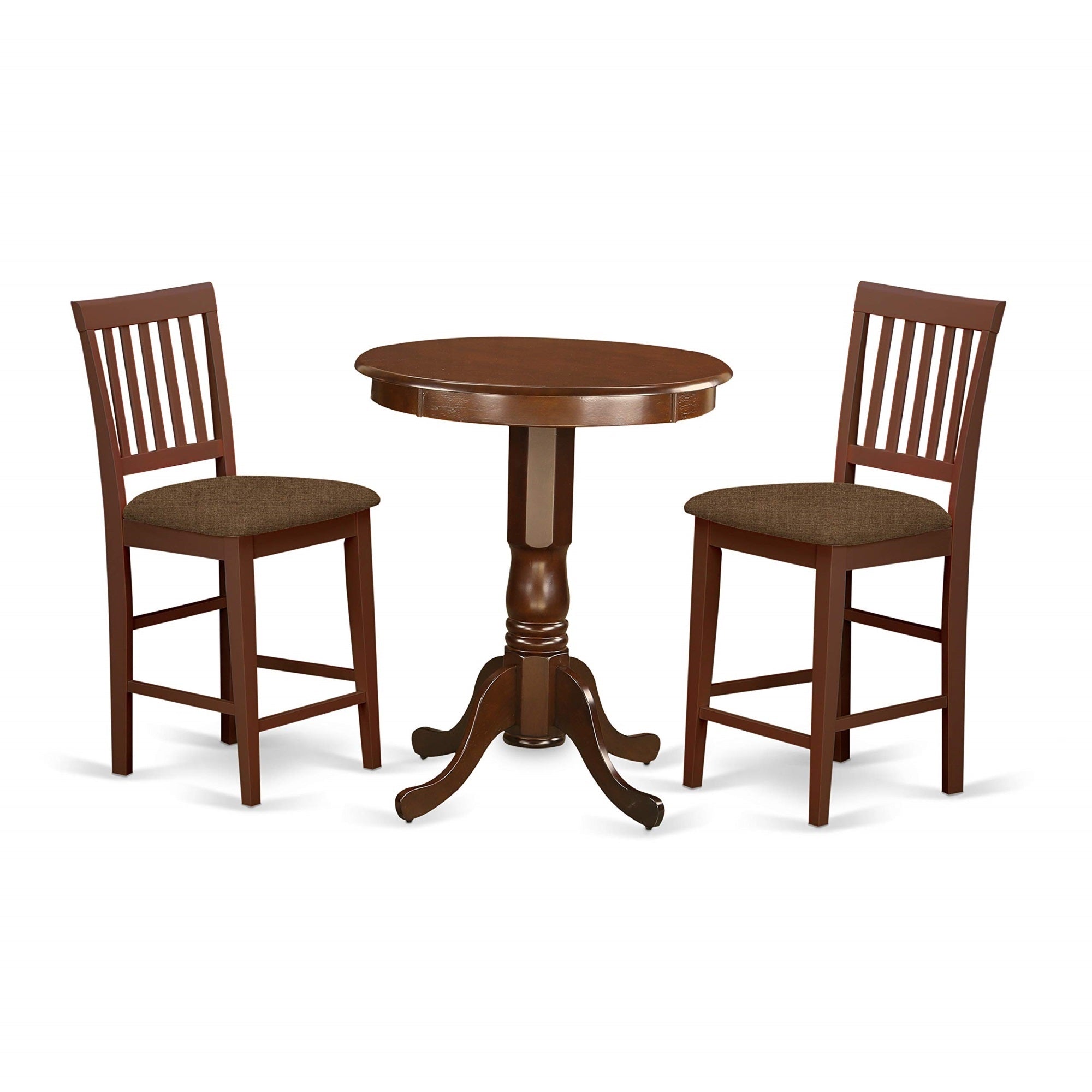 Casafoyer Edvn3-Mah-C 3 Piece Counter Set For Small Spaces Contains A Round Dining Room Table With Pedestal And 2 Linen Fabric Upholstered Chairs, 30X30 Inch, Mahogany