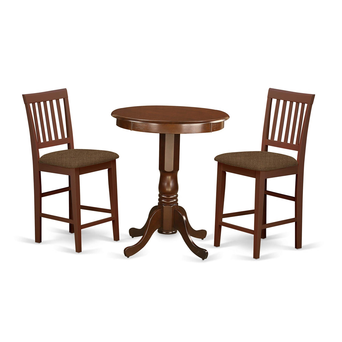 Casafoyer Edvn3-Mah-C 3 Piece Counter Set For Small Spaces Contains A Round Dining Room Table With Pedestal And 2 Linen Fabric Upholstered Chairs, 30X30 Inch, Mahogany