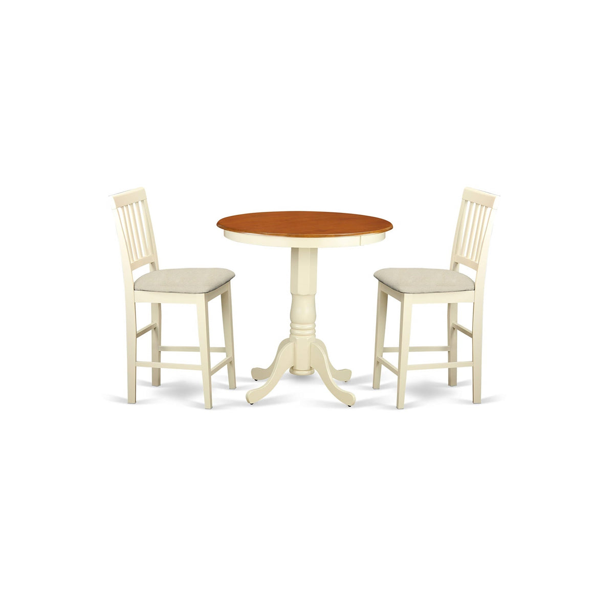Casafoyer Edvn3-Whi-C 3 Piece Kitchen Counter Height Dining Set Contains A Round Dining Room Table With Pedestal And 2 Linen Fabric Upholstered Chairs, 30X30 Inch, Buttermilk & Cherry