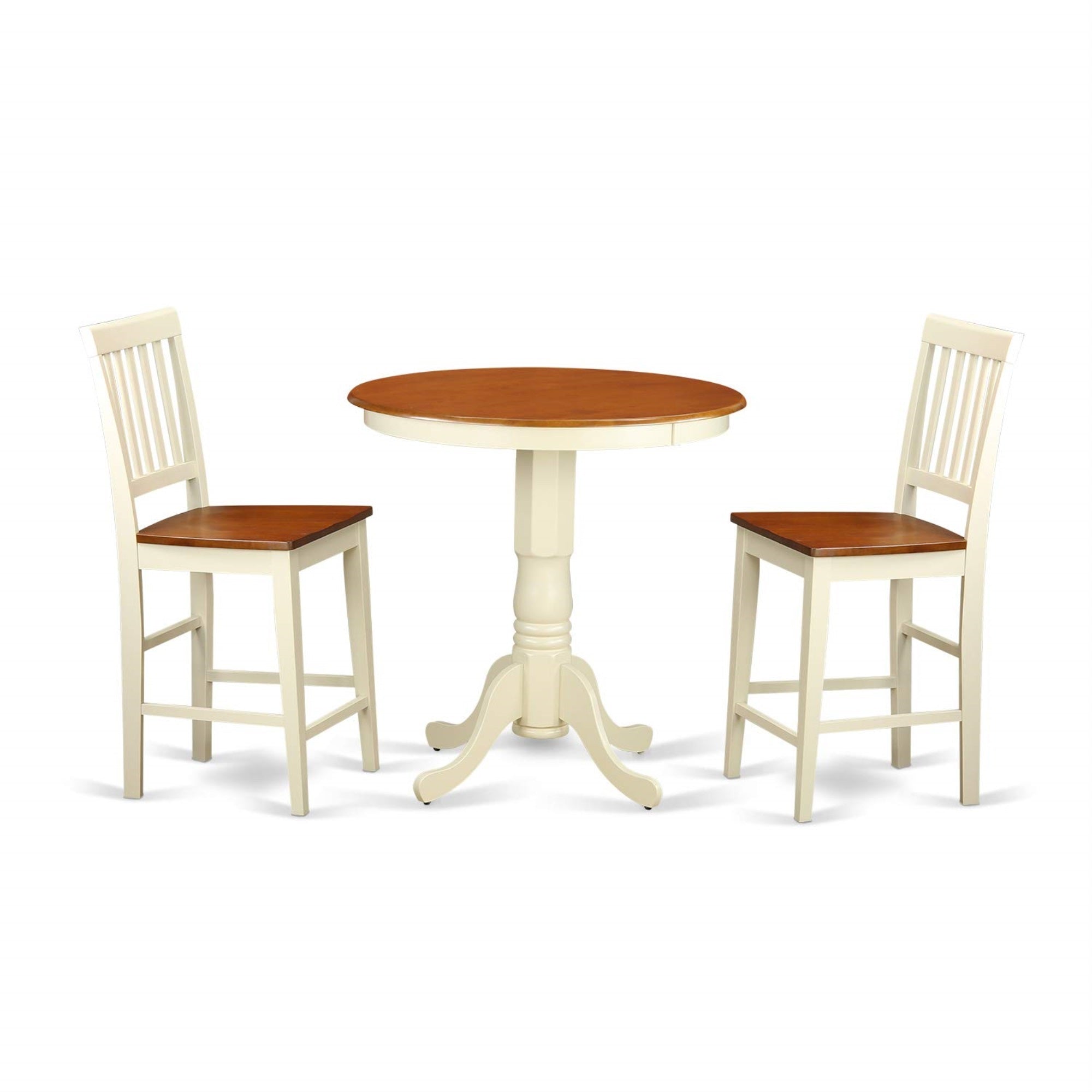 Casafoyer Edvn3-Whi-W 3 Piece Counter Height Dining Table Set Contains A Round Wooden Table With Pedestal And 2 Kitchen Dining Chairs, 30X30 Inch, Buttermilk & Cherry