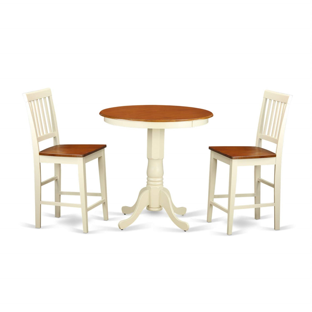 Casafoyer Edvn3-Whi-W 3 Piece Counter Height Dining Table Set Contains A Round Wooden Table With Pedestal And 2 Kitchen Dining Chairs, 30X30 Inch, Buttermilk & Cherry