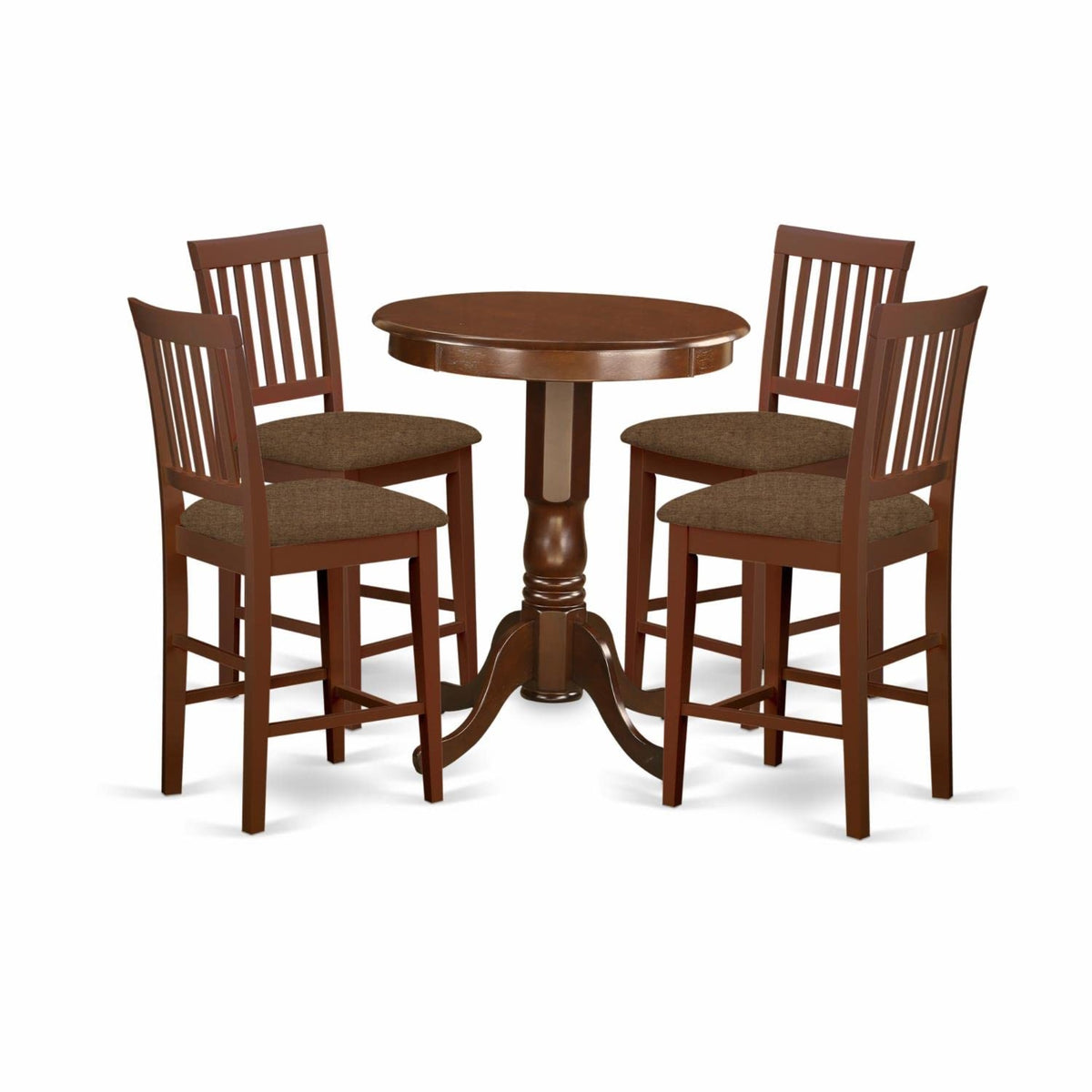 Casafoyer Edvn5-Mah-C 5 Piece Counter Height Dining Table Set Includes A Round Wooden Table With Pedestal And 4 Linen Fabric Upholstered Chairs, 30X30 Inch, Mahogany