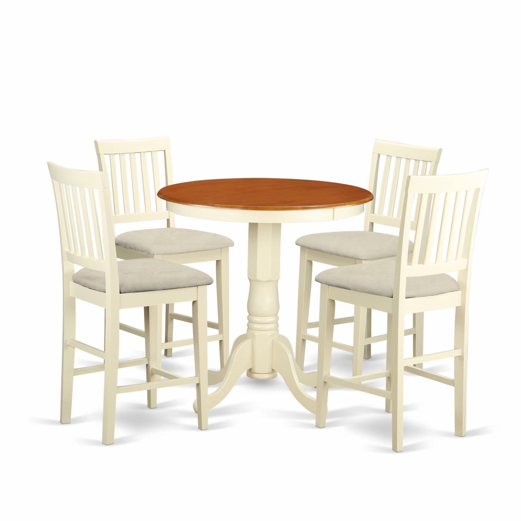 Casafoyer Edvn5-Whi-C 5 Piece Counter Height Dining Table Set Includes A Round Kitchen Table With Pedestal And 4 Linen Fabric Upholstered Dining Chairs, 30X30 Inch, Buttermilk & Cherry