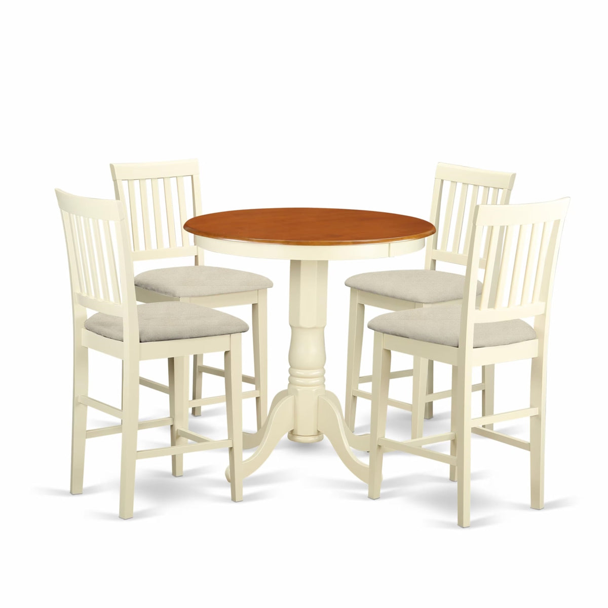 Casafoyer Edvn5-Whi-C 5 Piece Counter Height Dining Table Set Includes A Round Kitchen Table With Pedestal And 4 Linen Fabric Upholstered Dining Chairs, 30X30 Inch, Buttermilk & Cherry