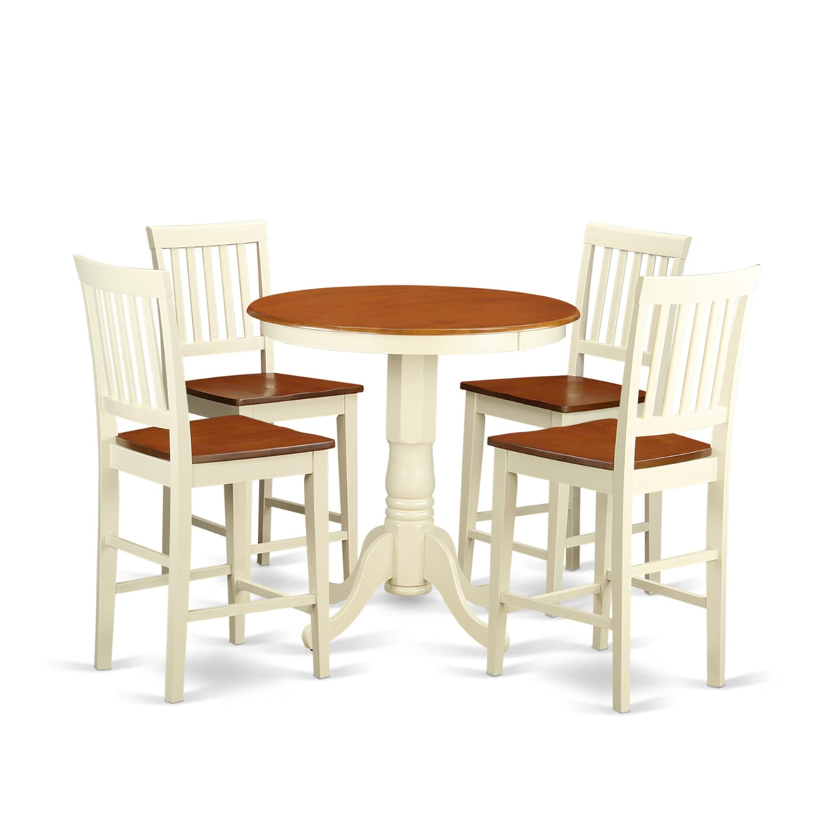 Casafoyer Edvn5-Whi-W 5 Piece Kitchen Counter Height Dining Table Set Includes A Round Wooden Table With Pedestal And 4 Dining Chairs, 30X30 Inch, Buttermilk & Cherry