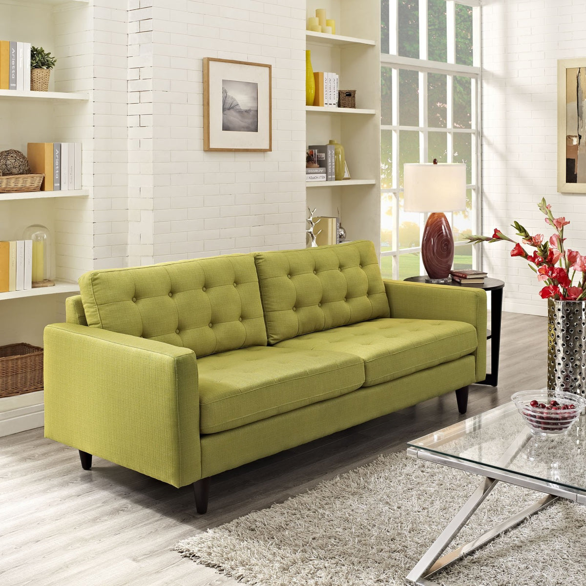 Casafoyer Empress Mid-Century Modern Upholstered Fabric, Sofa, Wheatgrass