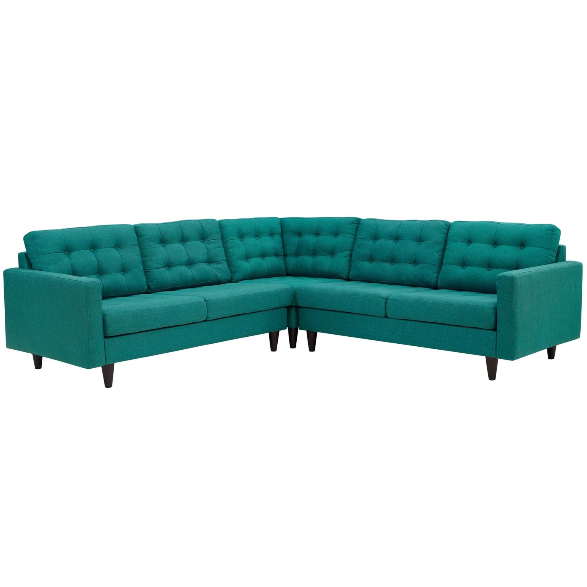 Empress 3-Piece Upholstered Fabric Sectional Sofa Set - Tufted Buttons, Plush Cushions, Solid Wood Legs - Teal