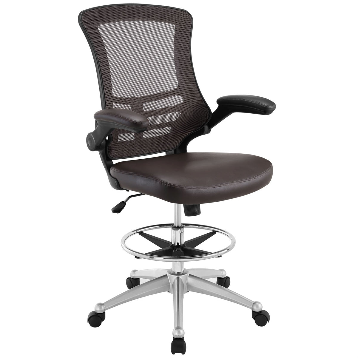 Casafoyer Attainment Vinyl Drafting Chair - Drafting Stool With Flip-Up Arm In Brown
