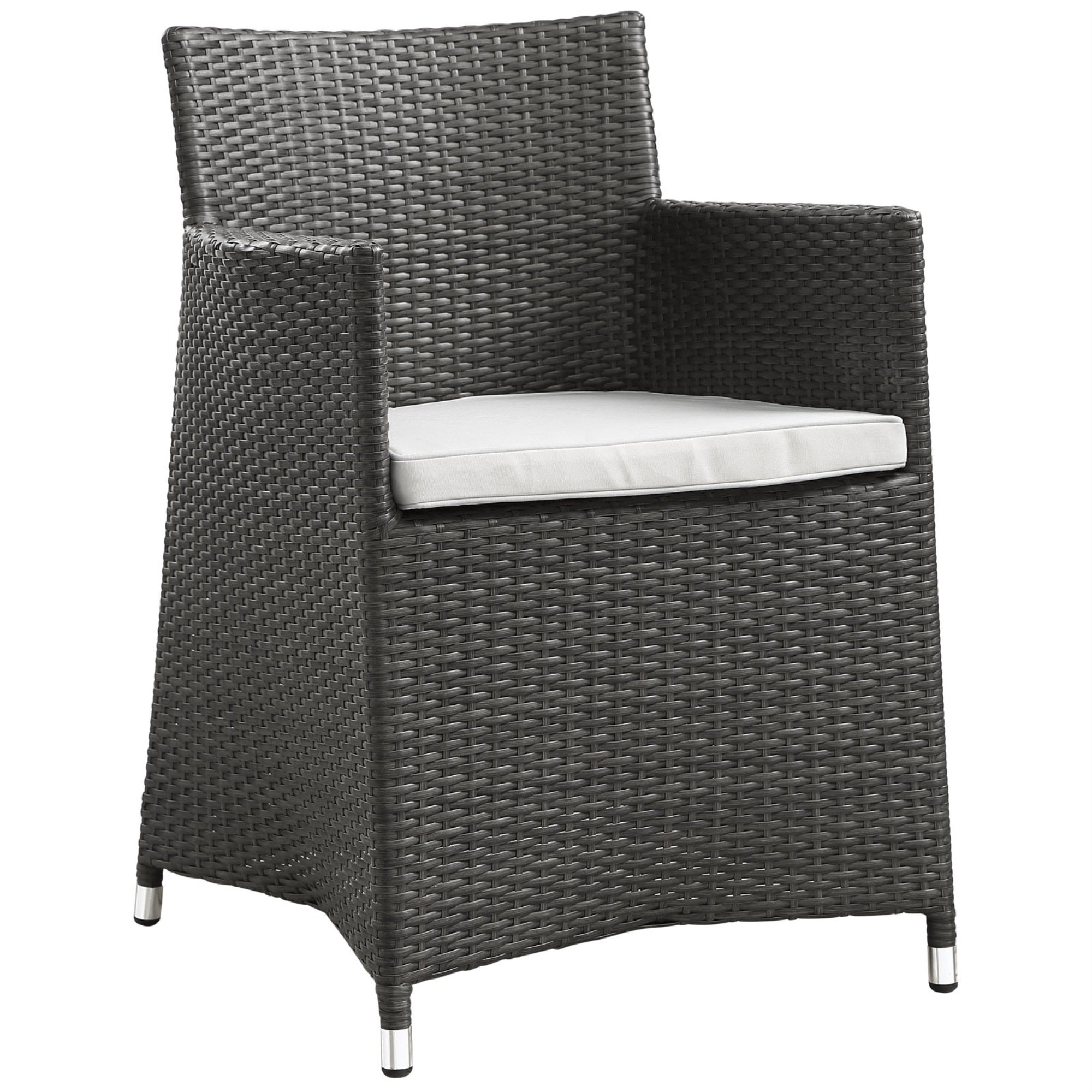 Junction Outdoor Patio Dining Arm Chair - Stylish & Comfortable, Synthetic Rattan Weave, Weather Resistant, Machine Washable Cushion, Stable & Easy Assembly. Perfect For Contemporary Outdoor Lounge Areas.