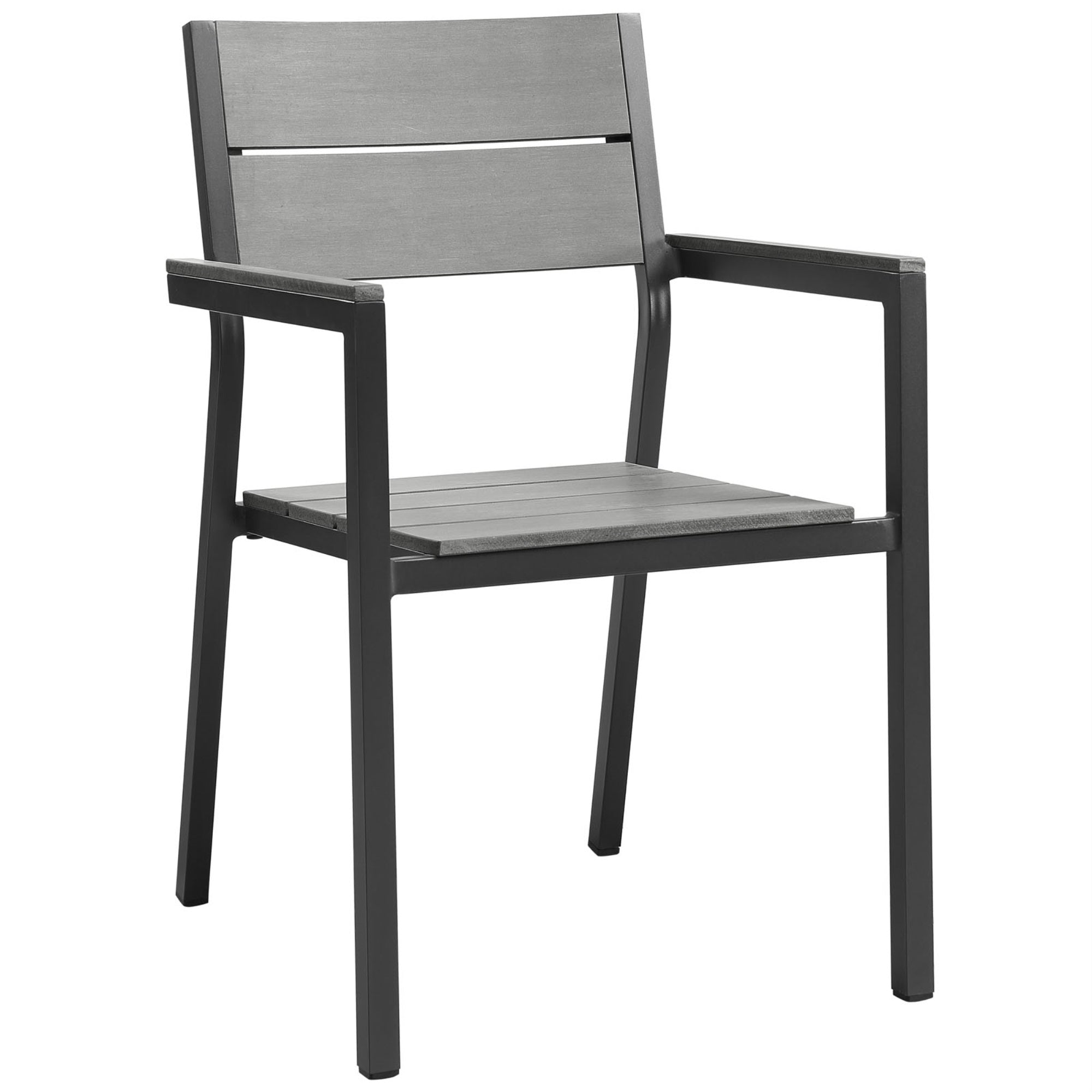 Maine Outdoor Patio Dining Arm Chair - Synthetic Wood Grain Plank Boards - Powder-Coated Aluminum Frame - Stackable - Ideal For Contemporary Outdoor Dining