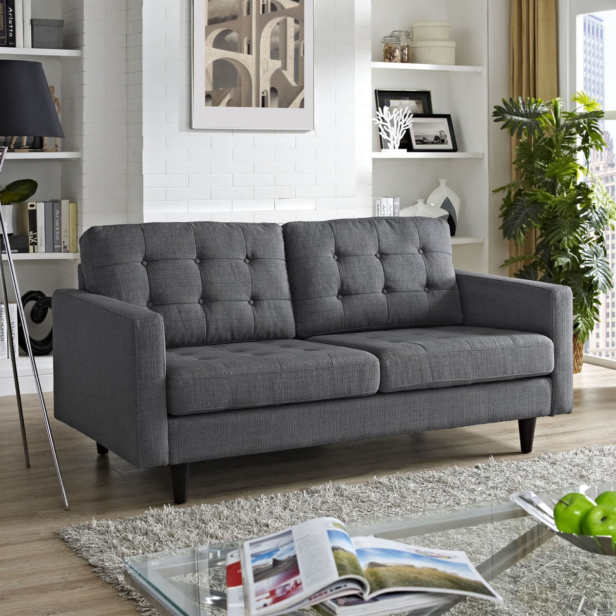 Casafoyer Empress Loveseat In Mid-Century Modern Upholstered Fabric, Gray