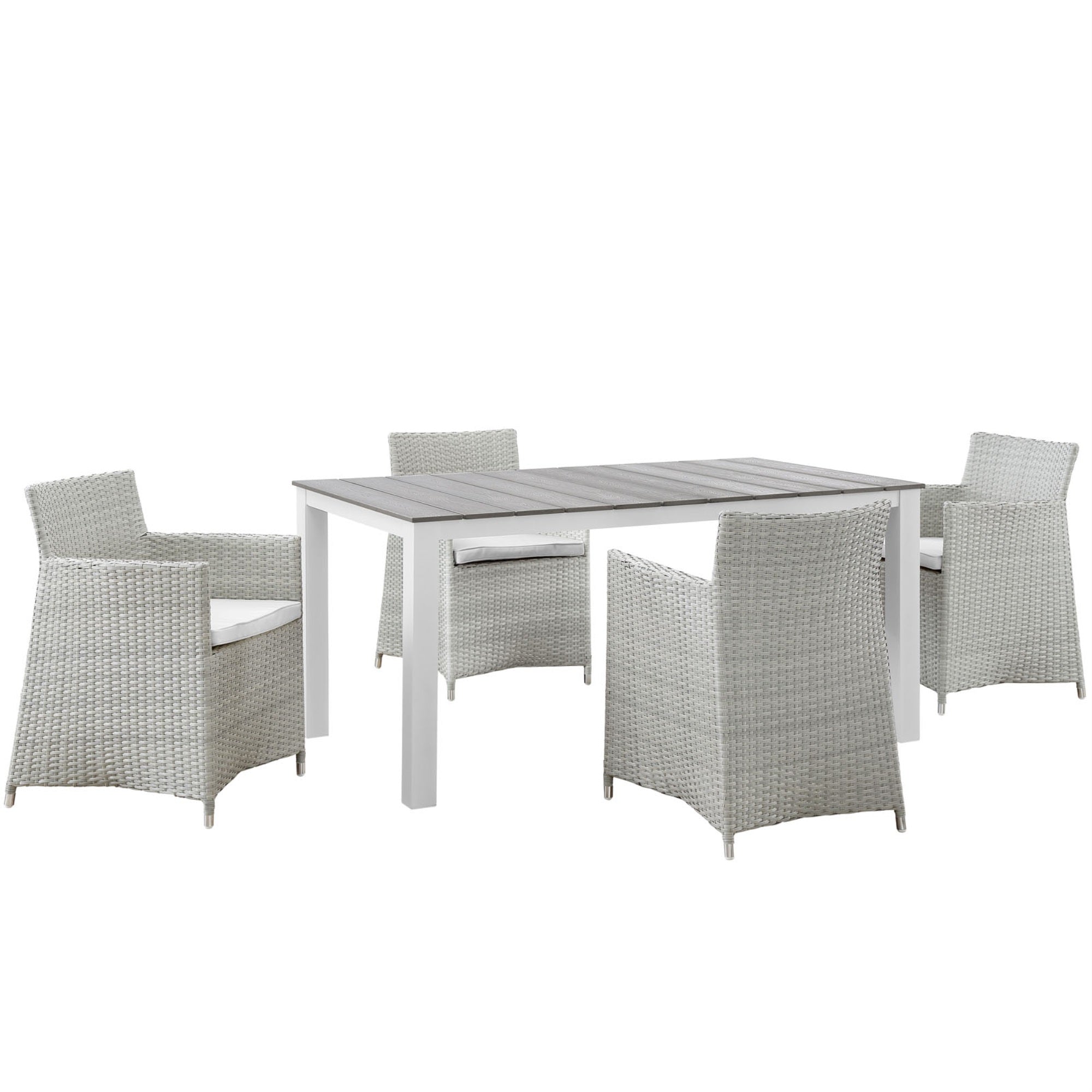 Junction Outdoor Patio Dining Furniture Set - Stylish And Functional. Synthetic Rattan Weave, All-Weather Cushions, Aluminum Frame. 4 Armchairs, 1 Dining Table.