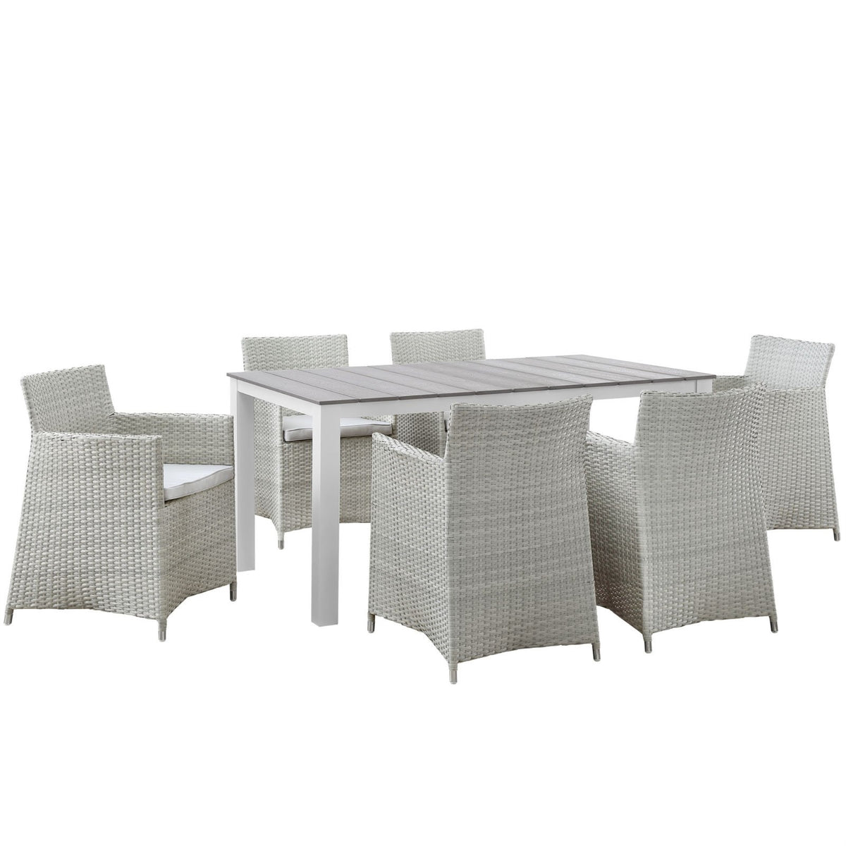 Casafoyer Junction Wicker Rattan 7-Piece Outdoor Patio Dining Set With 63' Dining Table And Six Dining Armchairs With Cushions In Gray White