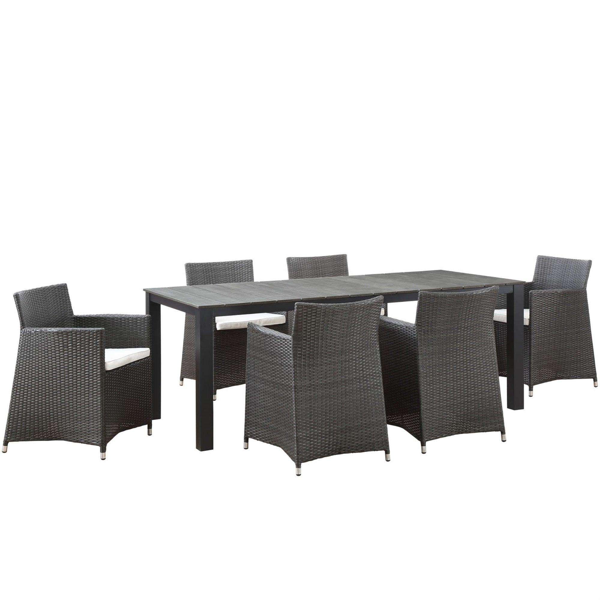 Junction Outdoor Patio Dining Furniture Set - Stylish & Functional. Synthetic Rattan, All-Weather Cushions. Easy Maintenance. No Assembly Required. Includes 80' Dining Table & 6 Armchairs.