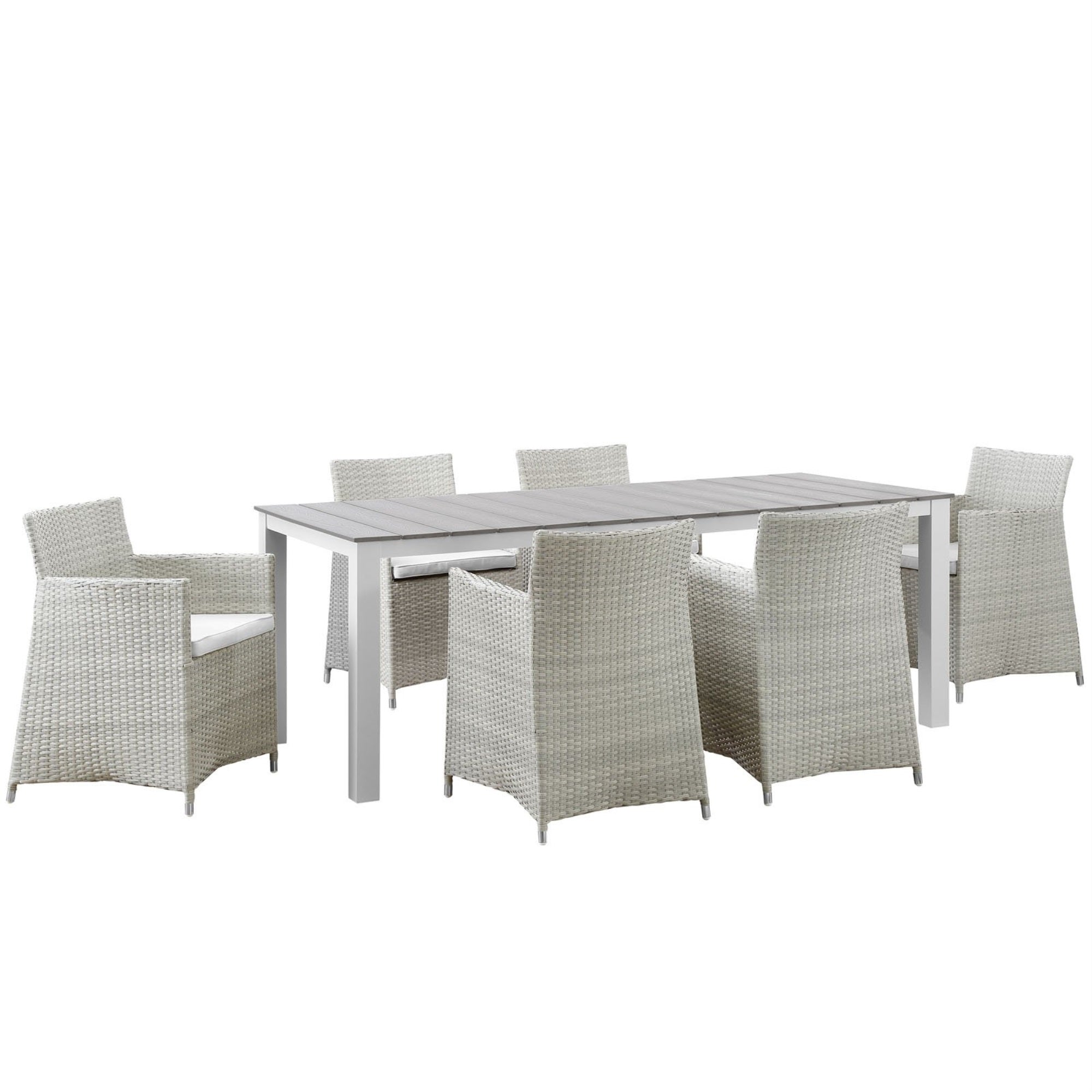 Casafoyer Junction Wicker Rattan 7-Piece Outdoor Patio Dining Set With 80' Dining Table And Six Dining Armchairs With Cushions In Gray White