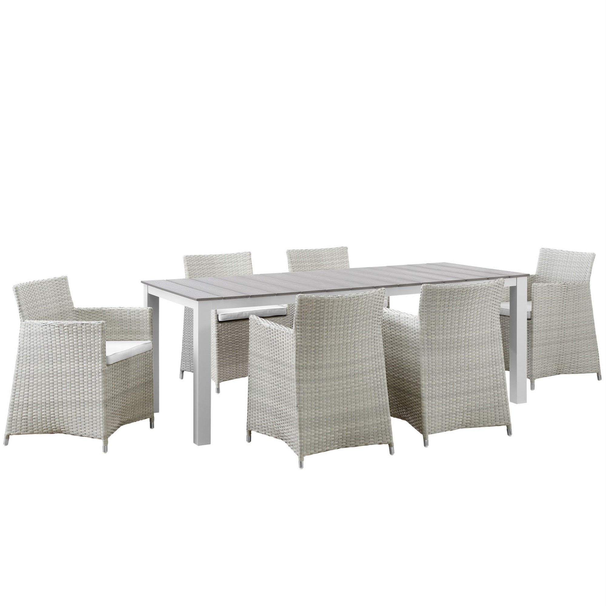 Junction Outdoor Patio Dining Furniture Set - Stylish & Functional 7 Piece Gray White Set With Synthetic Rattan Weave & All-Weather Cushions