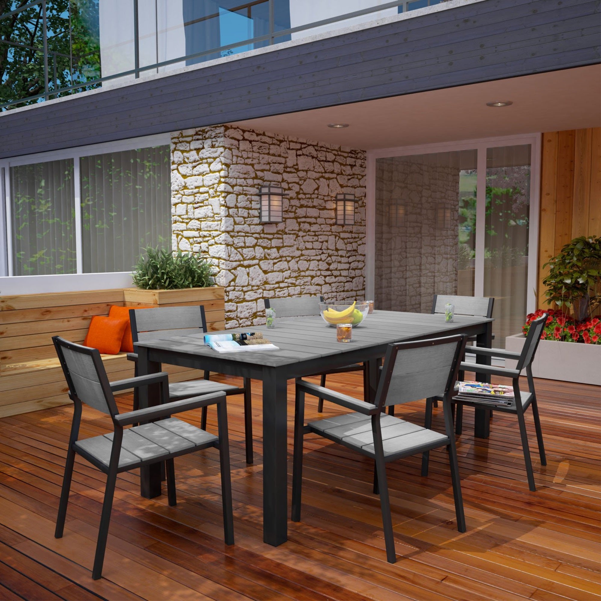 Lm Casafoyer Maine 7-Piece Aluminum Dining Table And Chair Outdoor Patio Set In Brown Gray