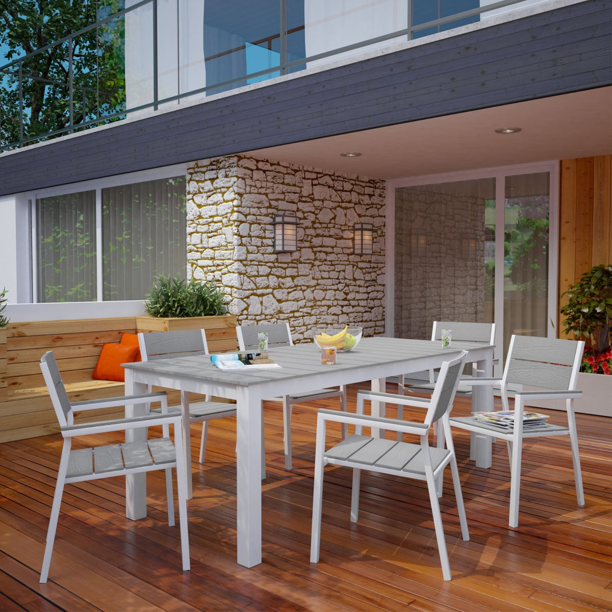 Lm Casafoyer Maine 7-Piece Aluminum Dining Table And Chair Outdoor Patio Set In White Light Gray