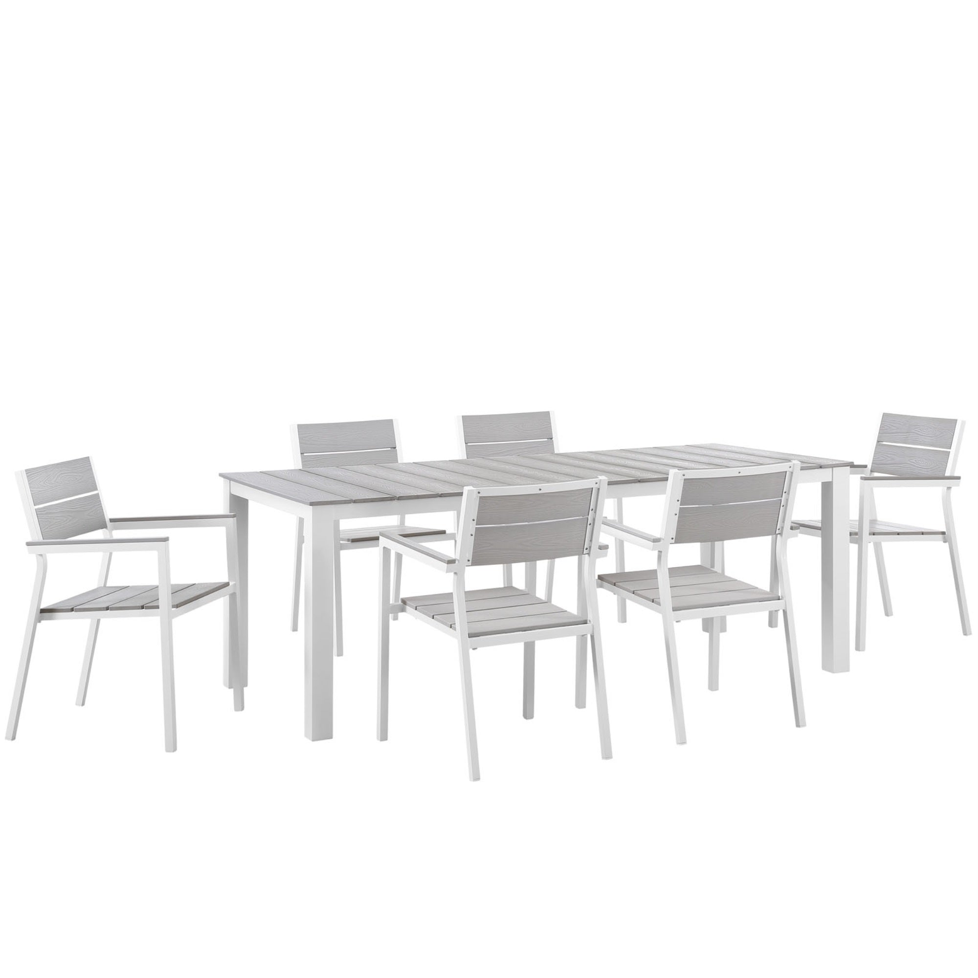 Maine Outdoor Patio Dining Furniture Collection - Synthetic Wood Grain Plank Boards, Aluminum Frame, Contemporary Design - Ideal For Outdoor Dining, Patios, Backyards, Poolside - Includes 80' Dining Table And 6 Armchairs