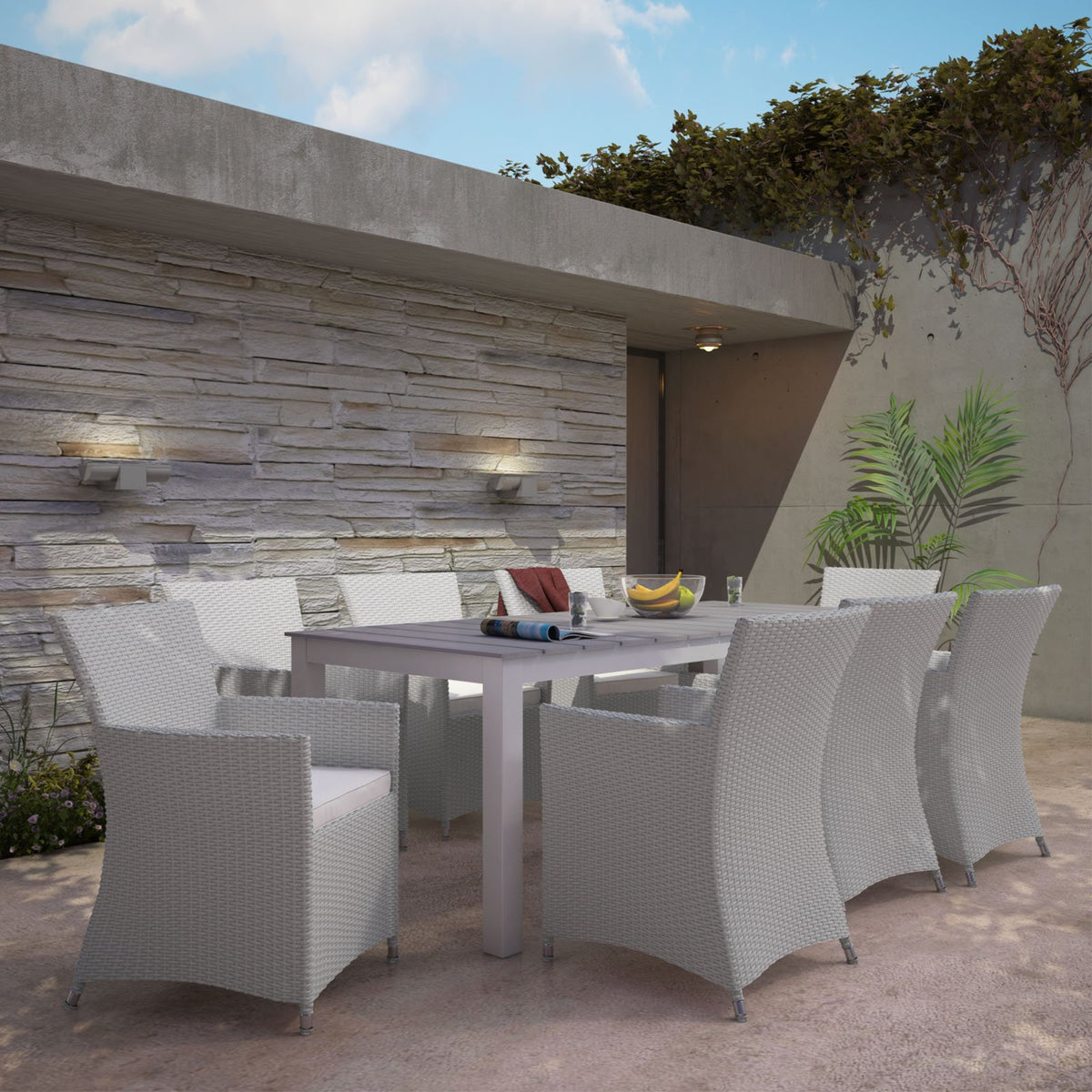 Casafoyer Junction Wicker Rattan 9-Piece Outdoor Patio Dining Set With 80' Dining Table And Eight Dining Armchairs With Cushions In Gray White