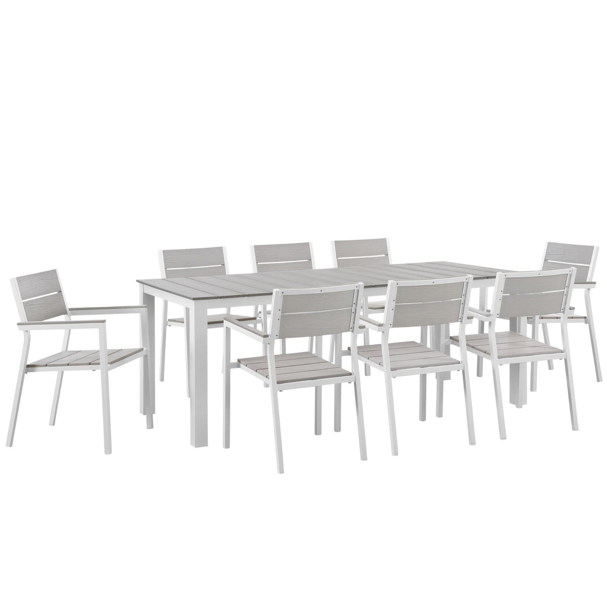 Lm Casafoyer Maine Aluminum 9-Piece Outdoor Patio Dining Set With 80 Inch Dining Table And Eight Dining Armchairs In White Light Gray