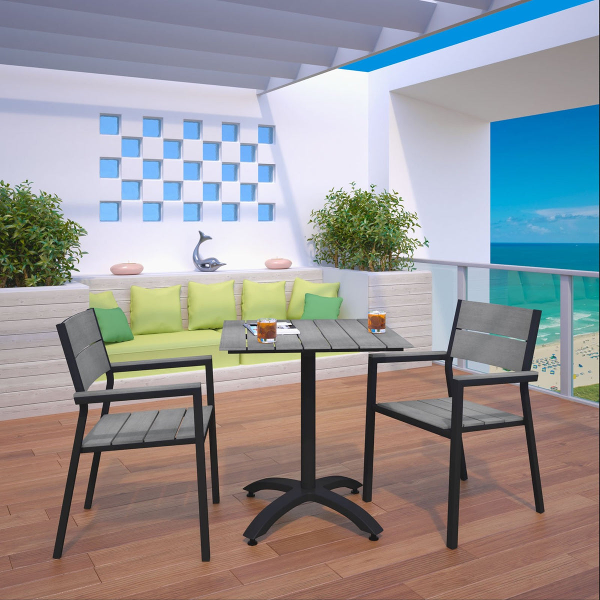 Casafoyer Maine Aluminum 3-Piece Dining Set Outdoor Patio With 28' Dining Table And Two Dining Armchairs In Brown Gray