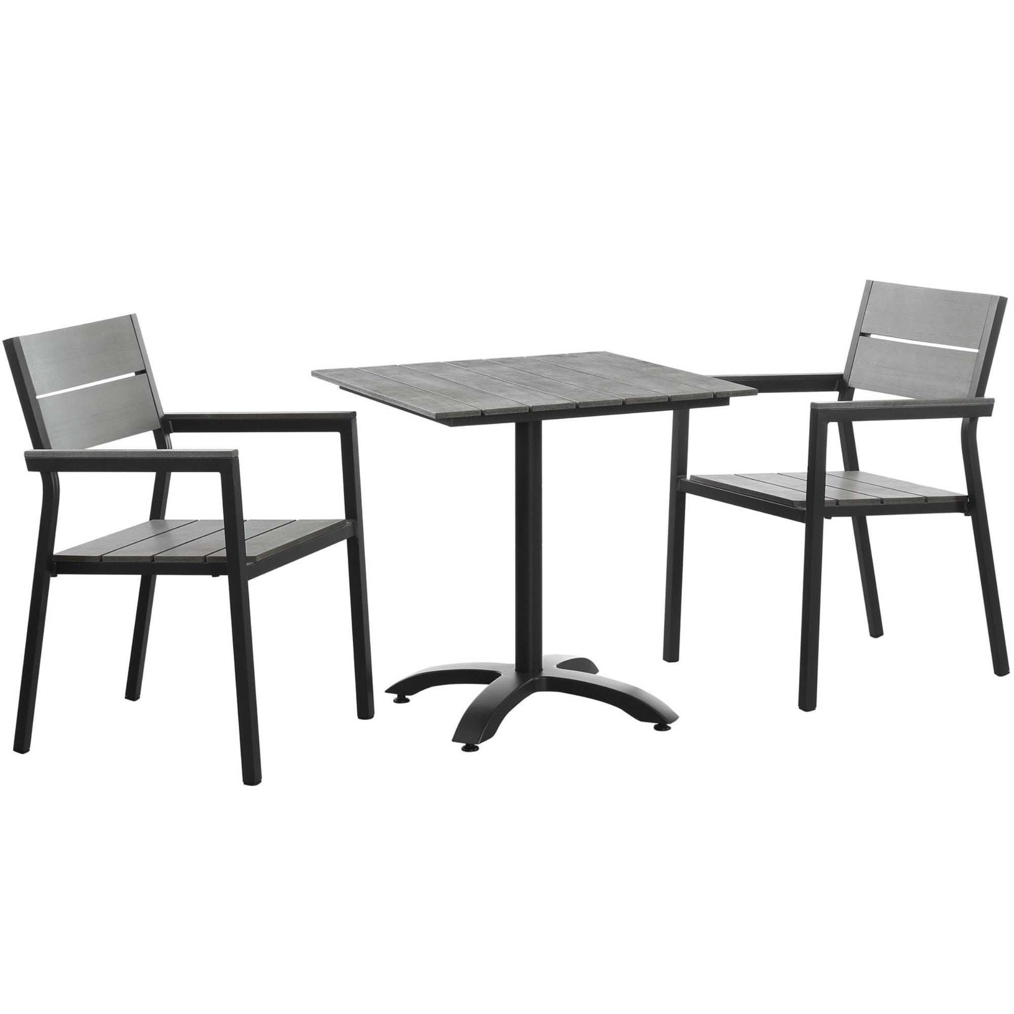 Maine Outdoor Patio Dining Furniture Collection - Synthetic Wood Grain Plank Boards, Powder-Coated Aluminum Frame, Versatile Design - Ideal For Contemporary Patios, Backyards, Poolside - Includes 28' Dining Table And 2 Armchairs