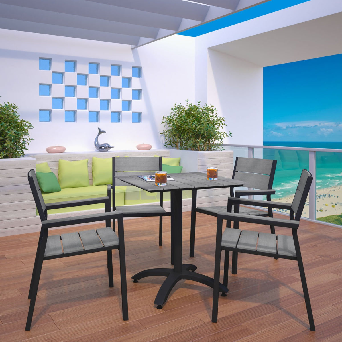 Casafoyer Lexmod Maine Aluminum 5-Piece Outdoor Patio Dining Table And Chair Set In Brown Gray