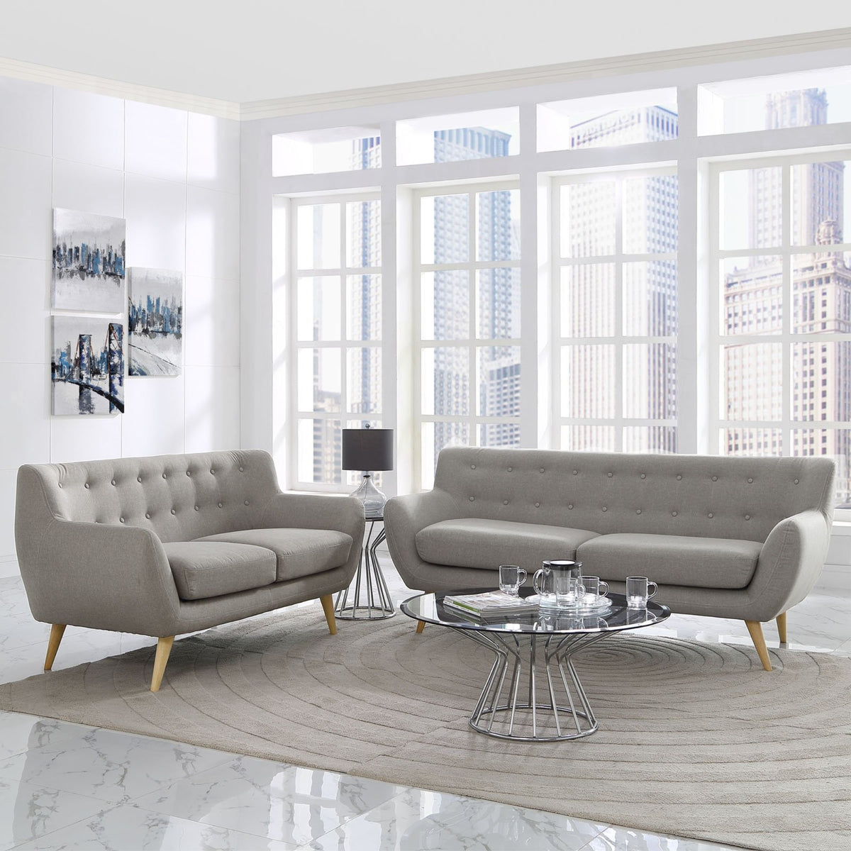 Casafoyer Remark Mid-Century Modern Upholstered Fabric Sofa And Loveseat In Light Gray