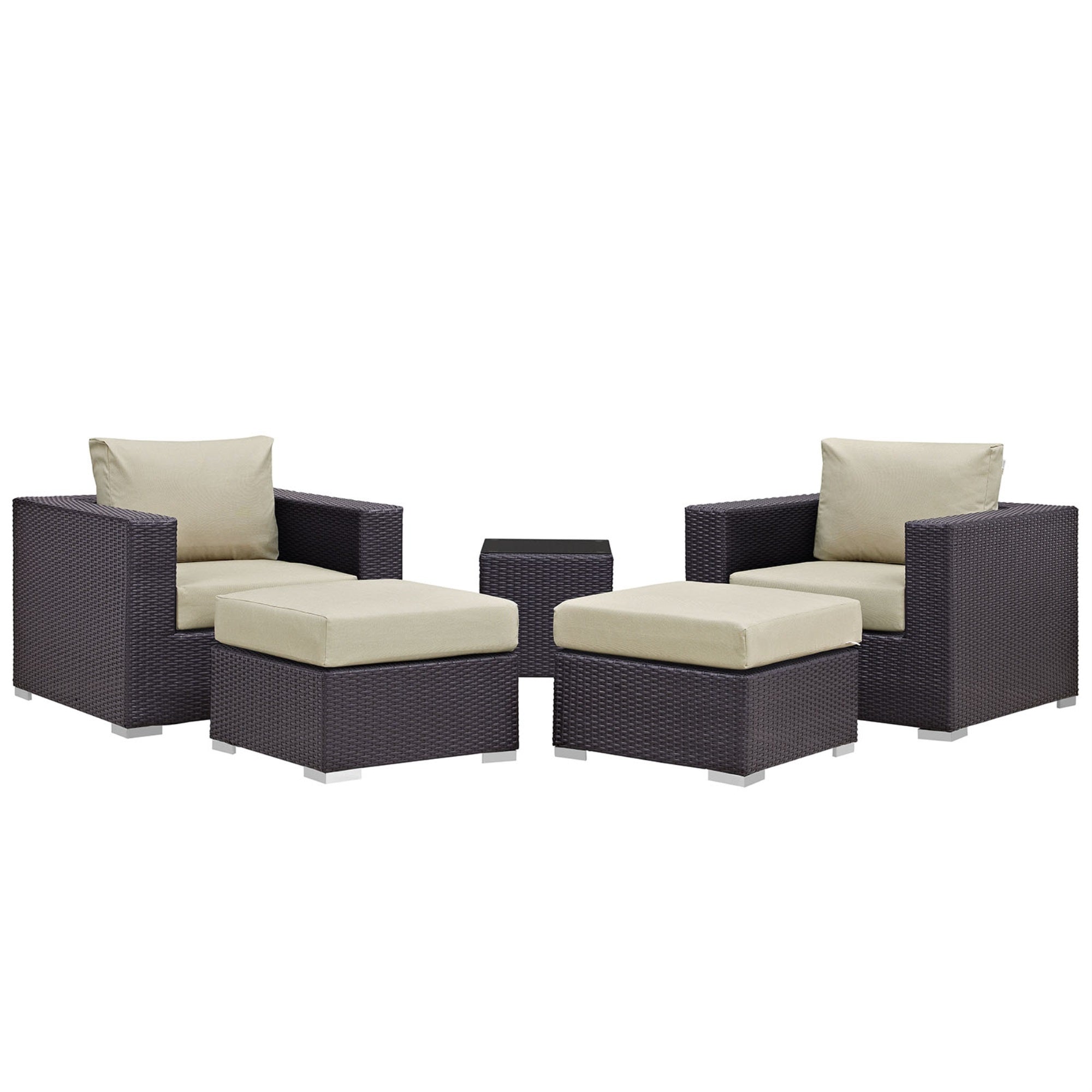 Convene Outdoor Sectional Set - Synthetic Rattan, Aluminum Frame, All-Weather Cushions - Patio Lounge Armchair, Ottoman, Side Table - Espresso Beige